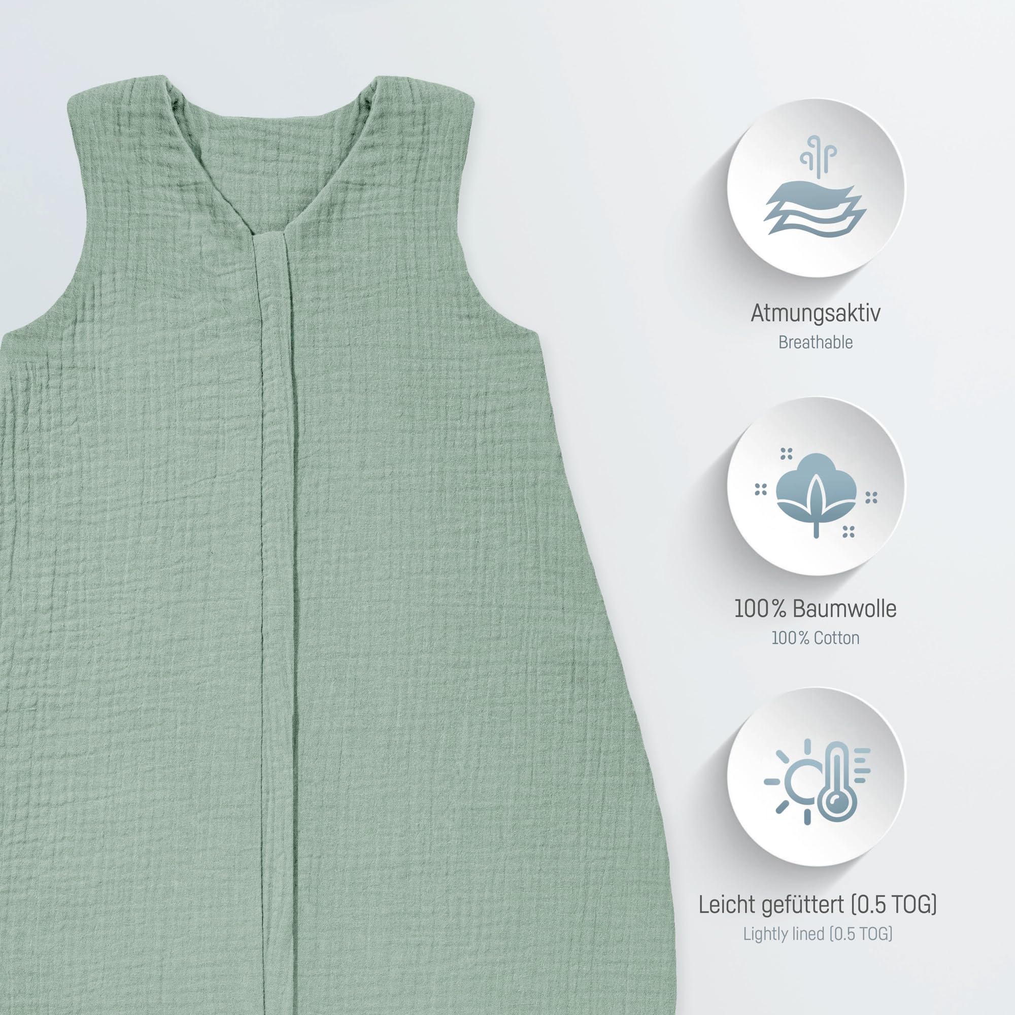Julius Zöllner Sommerschlafsack Musselin 0,5 TOG Gr. 56/62 | 100% Baumwollmusselin | Oeko-TEX Standard 100 | grün