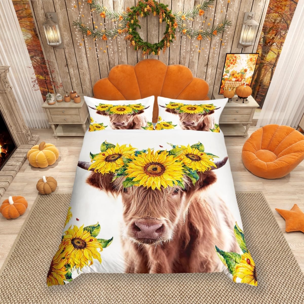 Feelingyou Boys Wws3315 Highland Cattle Duvet Cover Set Cute Floral Cow Bedding Set 2Pcs For Kids Girls Yellow Sunflower Print Comforter Cover Animal Theme Quilt Cover With 1 Pillow Case(No Comforter) Single