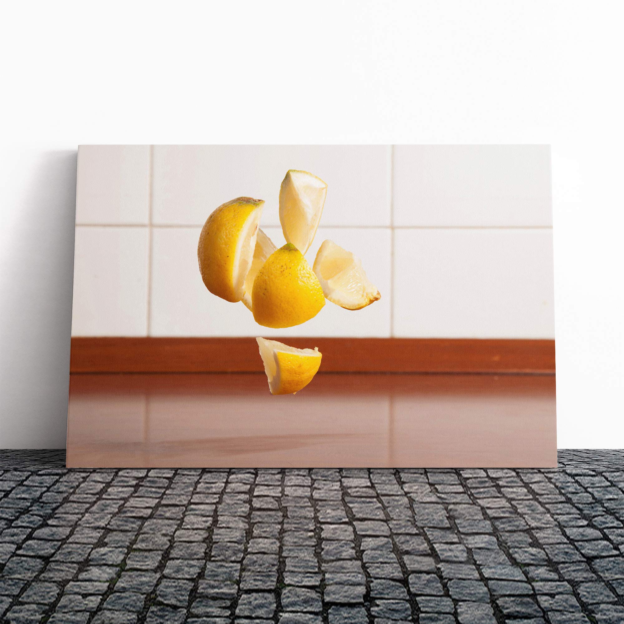 Floating Chopped Lemon Canvas Print | Gallery Wrapped 30mm Frame Wall Art | 30x20 inches | Ready to Hang | Modern Still Life Picture | Living Room Bedroom Lounge Office
