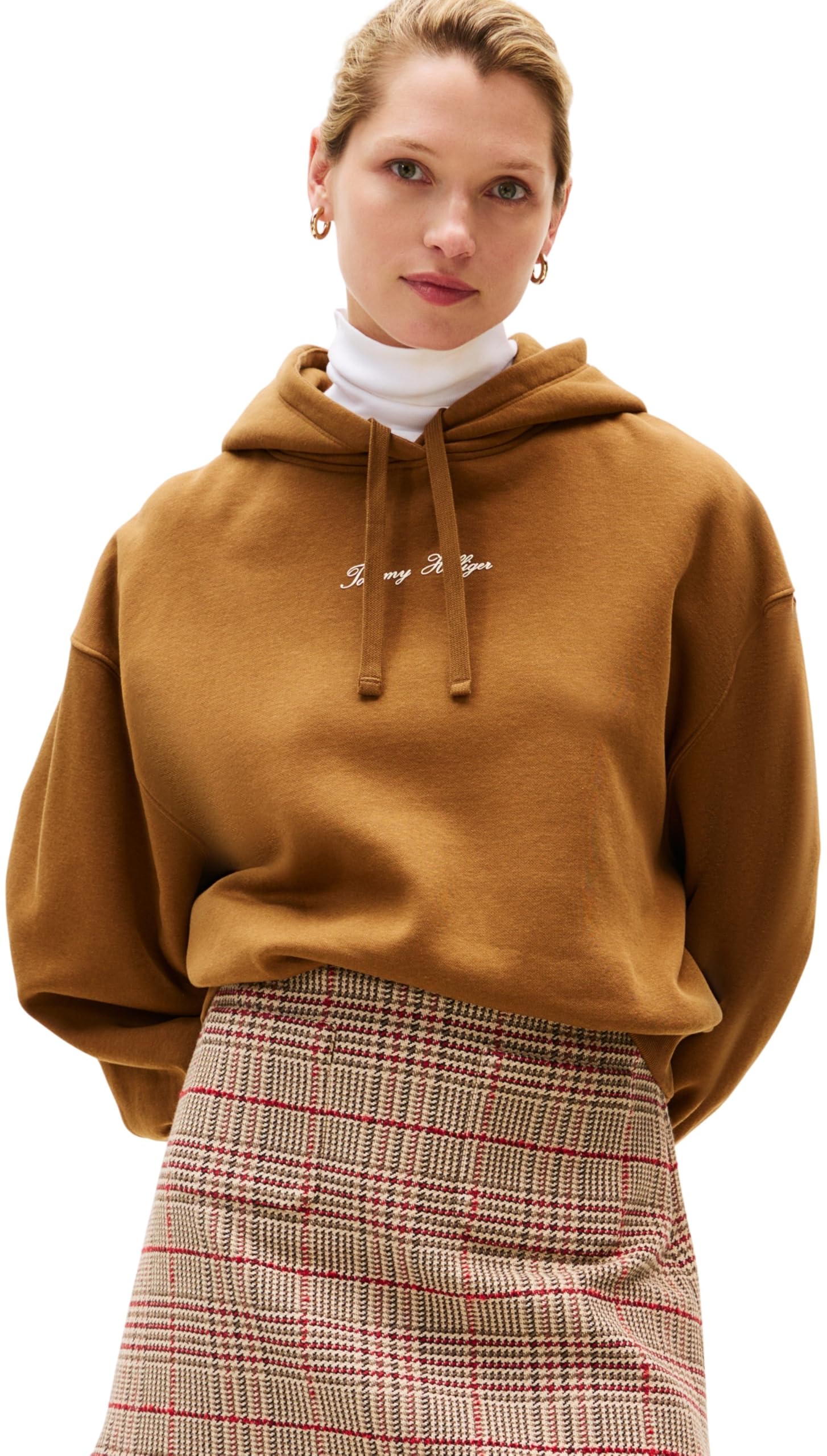 Tommy Hilfiger Women's Classic Script Fleece Hoodie, Brown (Highland Khaki), 3XL