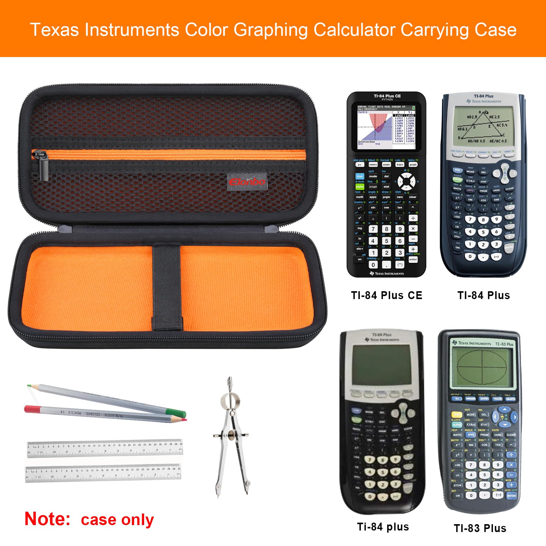 Elonbo Custodia per la calcolatrice grafica a colori Texas Instruments TI-84 Plus CE/TI-84 Plus/TI-83 Plus CE/Casio fx-9750GII, tasca extra in rete per cavo di ricarica, caricatore, manuale, nero
