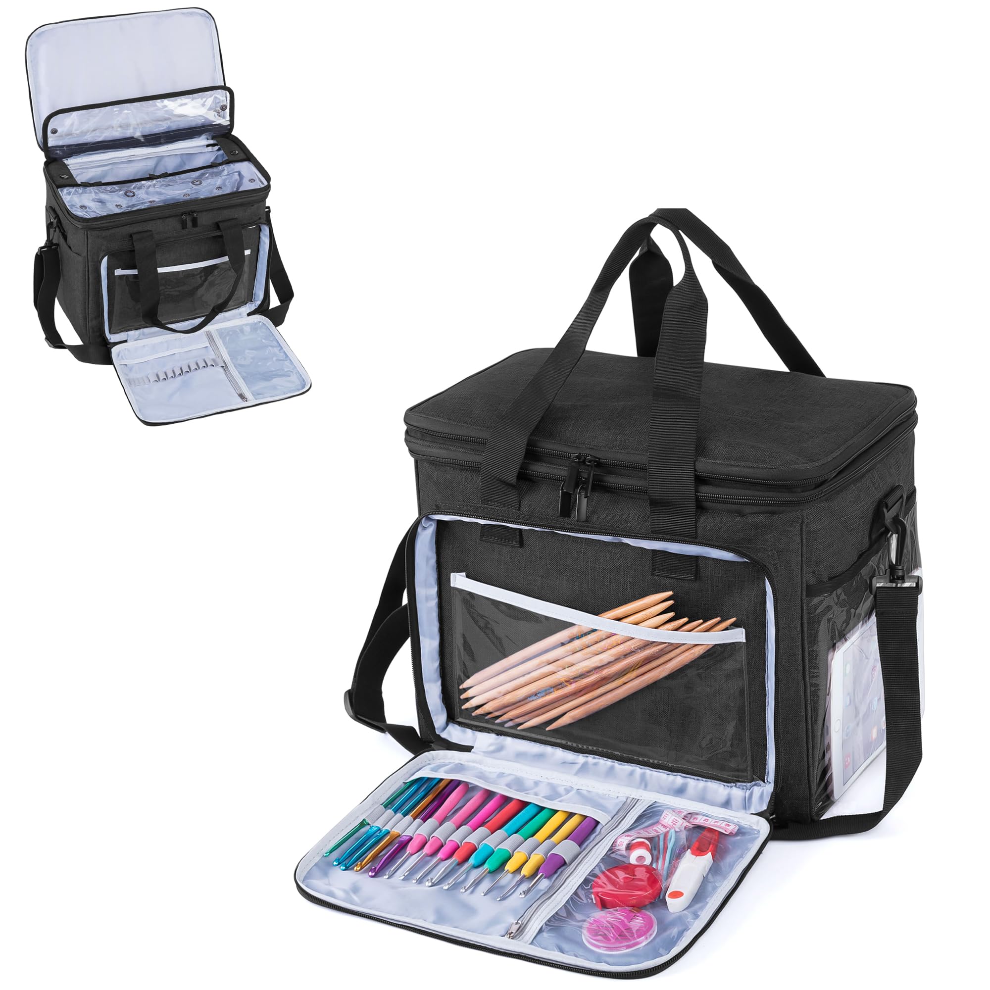 Teamoy Tragetasche für die Aufbewahrung von Wolle, Strick-/Häkeltasche mit mehreren Taschen, Tragegriff und Schulterriemen (kein Zubehör im Lieferumfang enthalten) (groß mit Deckel, schwarz), Schwarz,