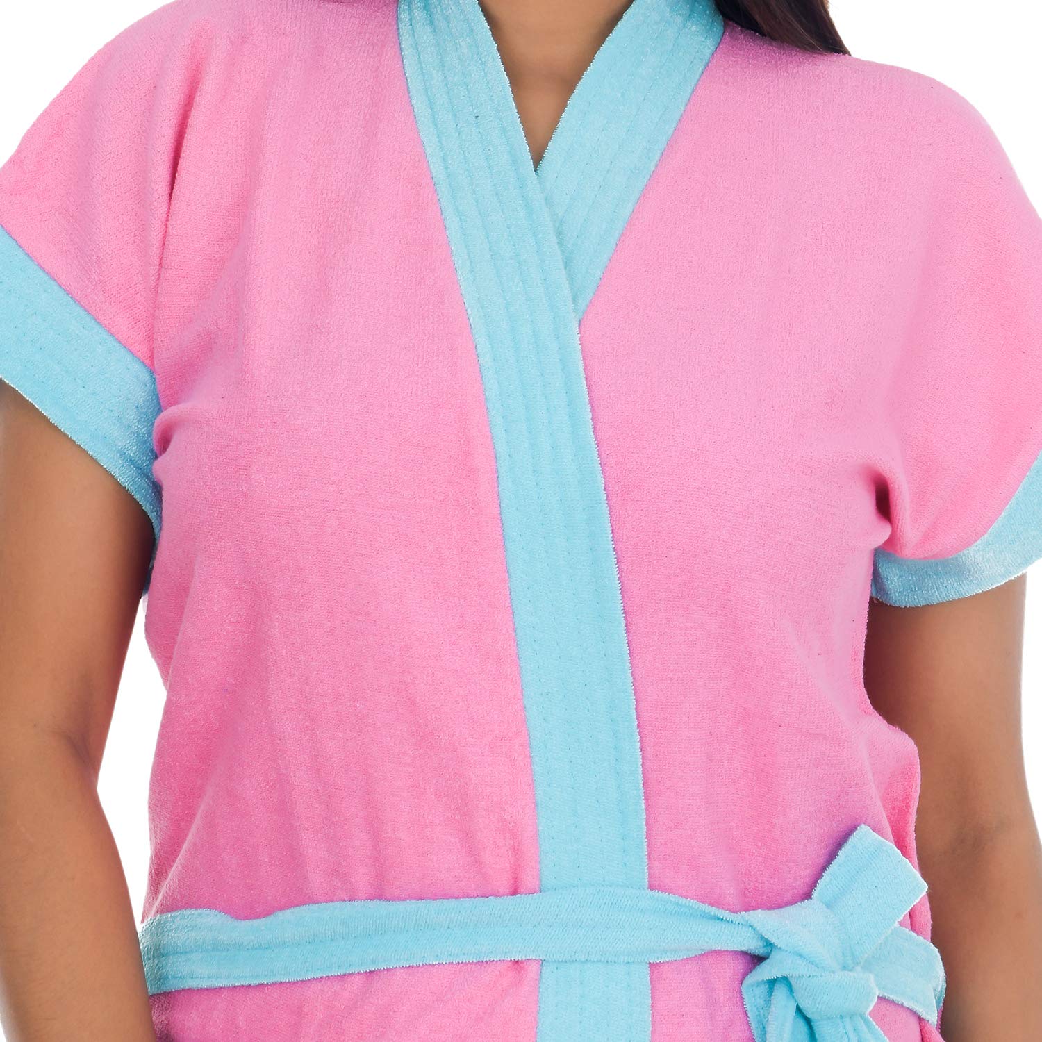 Poorak Dark Collection Light Blue Strip Pink Color Half Sleeves Soft Terry Cotton Bathrobe for Women - Free Size Upto 42 Inches 3