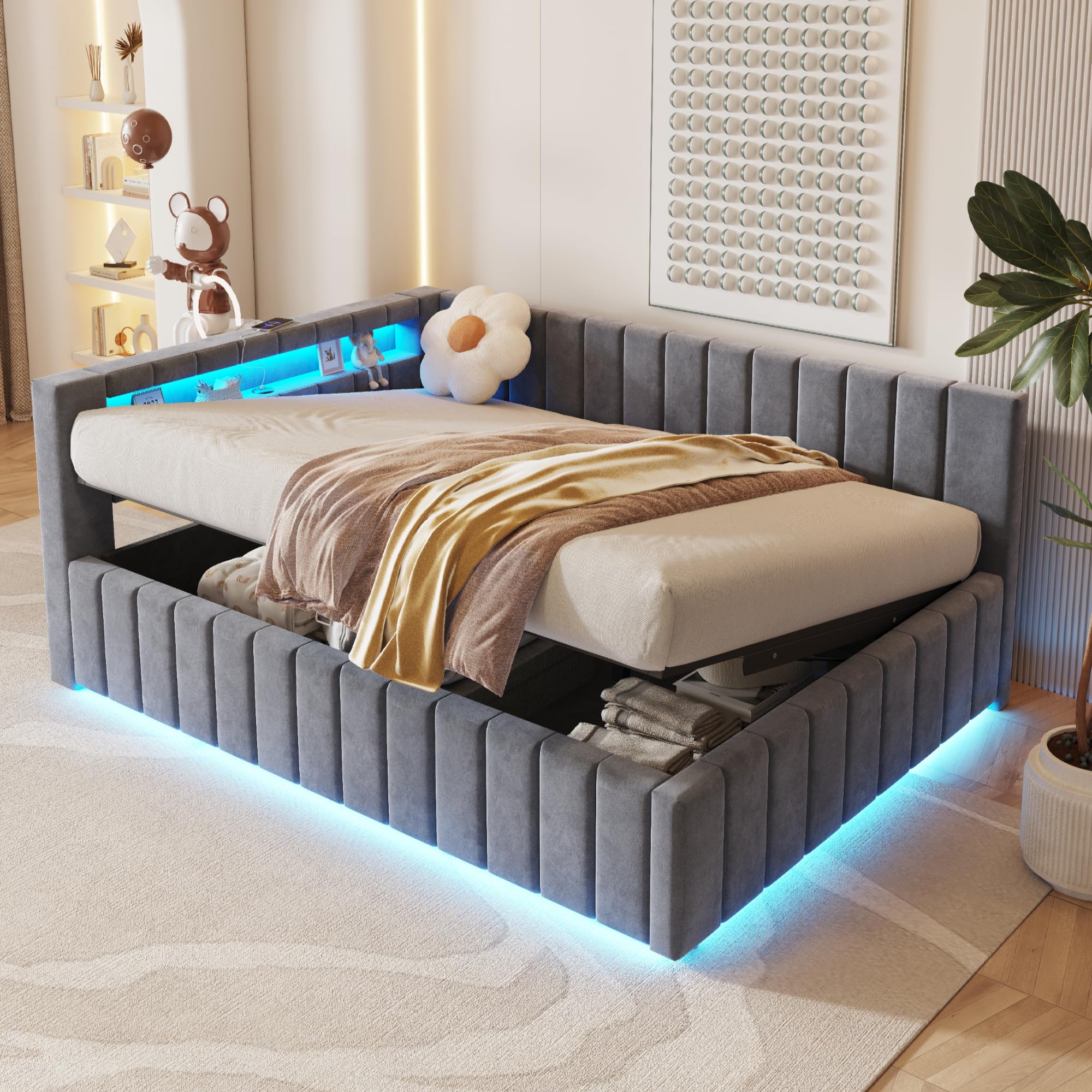Letto imbottito divano letto 140 x 200, letto matrimoniale con vano portaoggetti idraulico, con luce LED e funzione di ricarica USB, letto giornaliero per ragazzi con rete a doghe, tessuto di
