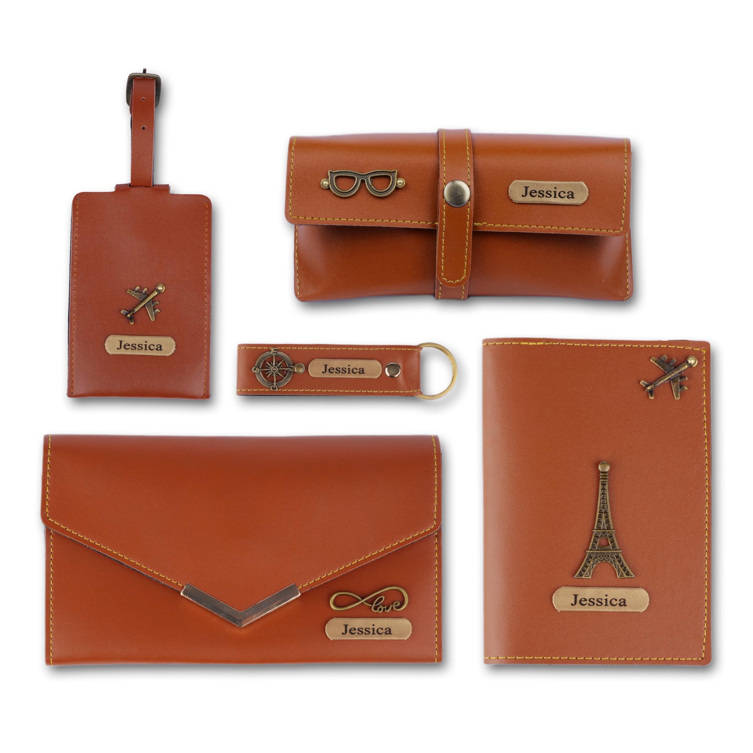 Personalised Travel Gift Set for Women with Name & Charms, Leather Wallet, Passport Cover, Keychain, Eyewear Case & Luggage Tag, Premium Gift for Birthday, Anniversary (Tan Brown)-image-10
