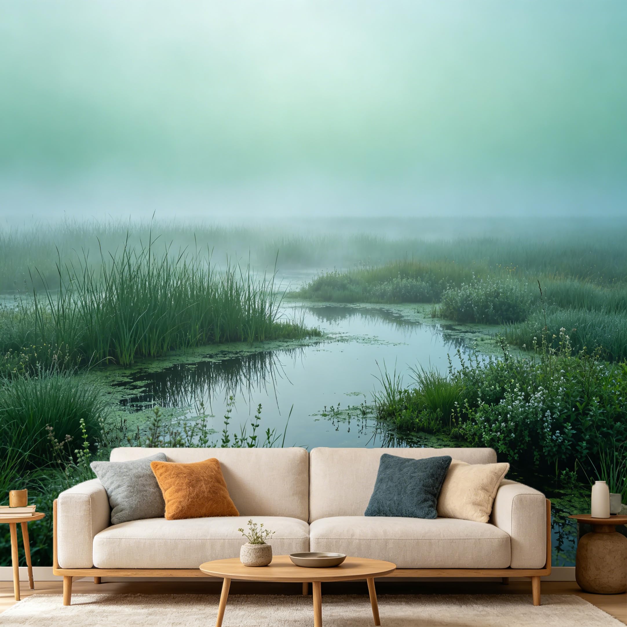 Custom Size Wall Mural Misty Wetland Landscape Lake Reflection Botanical SelfAdhesive Art Prints wall Fabric（No PVC） Removable Wallpaper Home Bedroom Decor