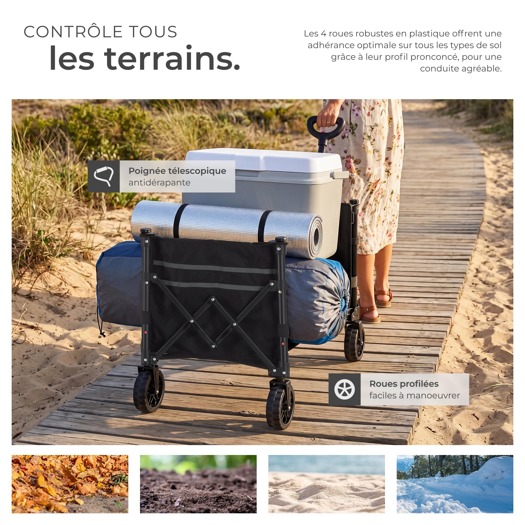 tectake® Chariot pliable multifonctions 120 L, Charge max 60 Kg, Chariot à roulettes, Poignée télescopique Roues amovibles, Idéal Camping, Plage, Jardin, Caddie, Courses, Demenagement, Festival, Pêche