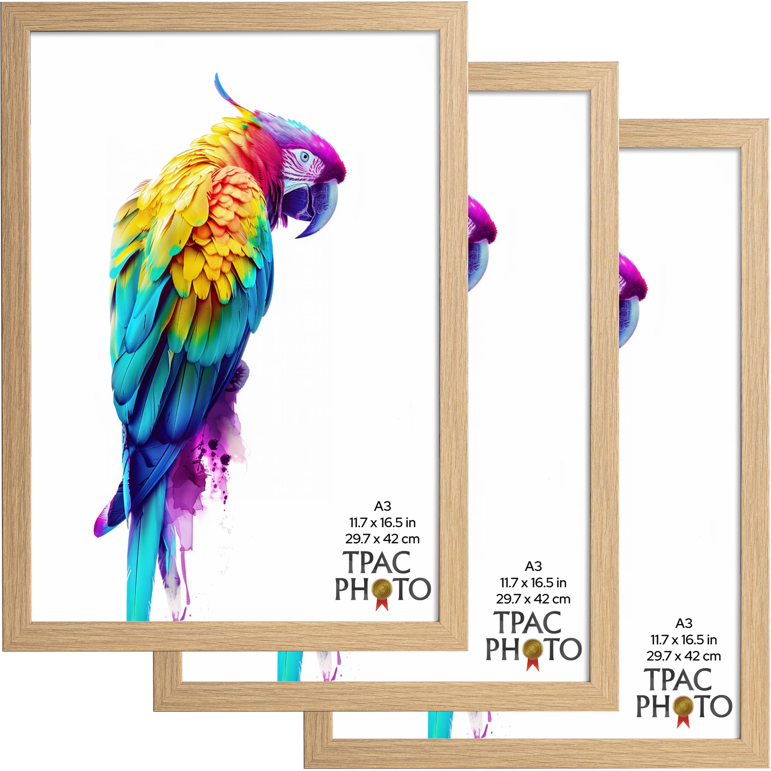 The Photo Album Co LISBON A3 (29.7x42cm) Oak Poster Frame Acrylic (Non-Glass) Front Pack of 3
