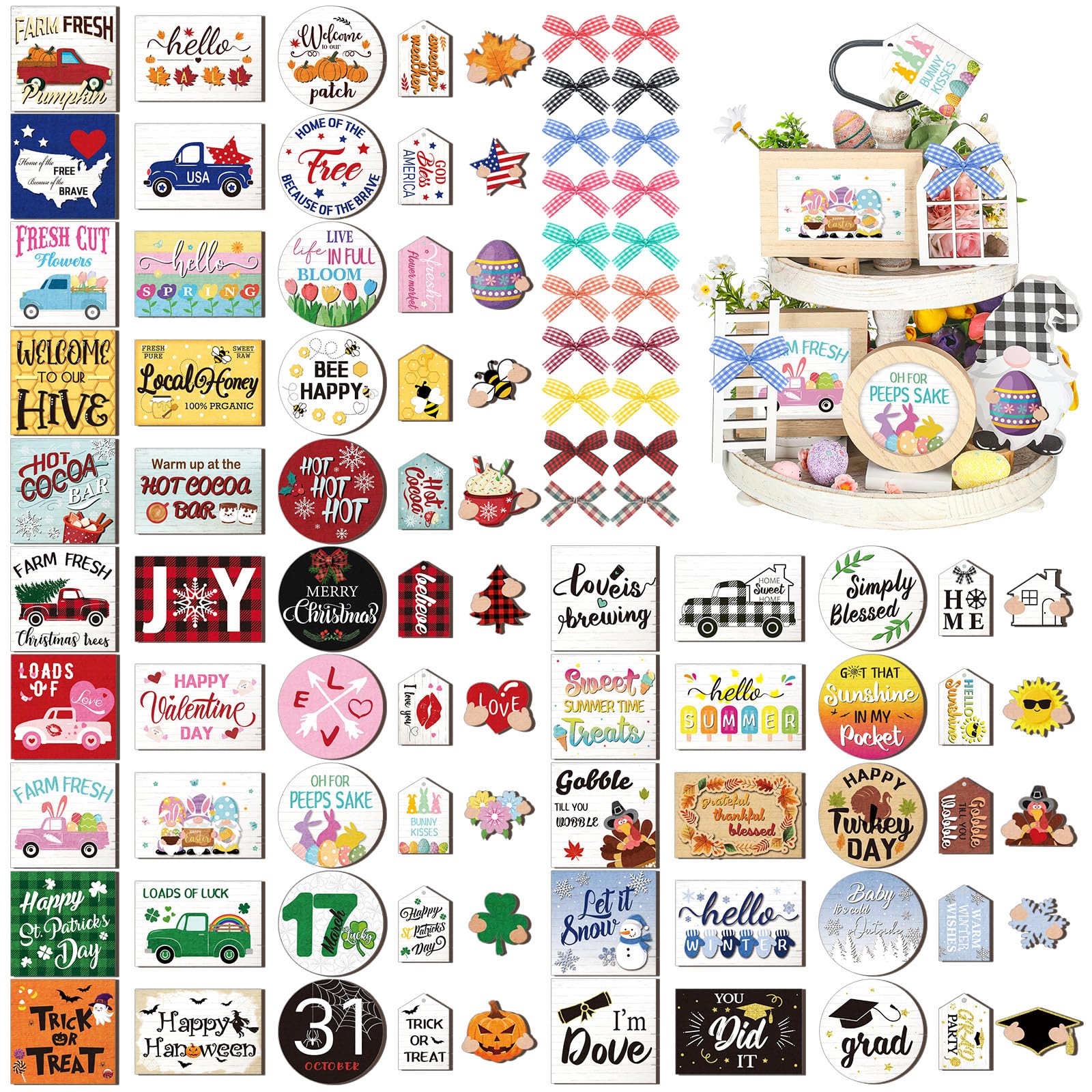 101 Pcs Interchangeable Seasonal Tiered Tray Decor Set Farmhouse Holiday Tiered Tray Decorations Interchangeable Tabletop Tray Decor for Holiday Seasonal Home Decoration Kitchen