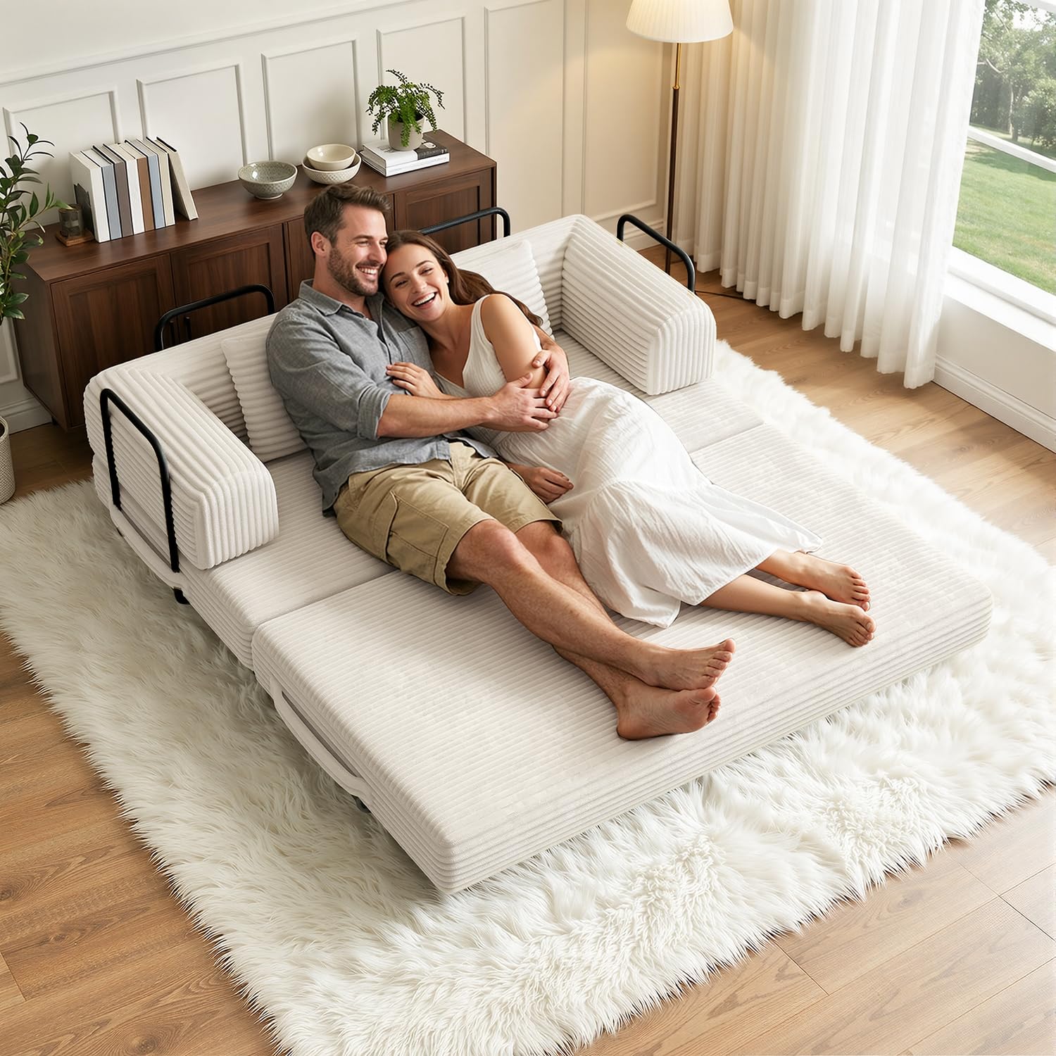 Xbro Sofá Cama 2 Plazas, Sofa Modular con 5 Configuraciones Transformables, Sofa Comprimido al Vacio(Sin Montaje) de Pana para Salón y Dormitorio, Blanco, 160x90x61 cm