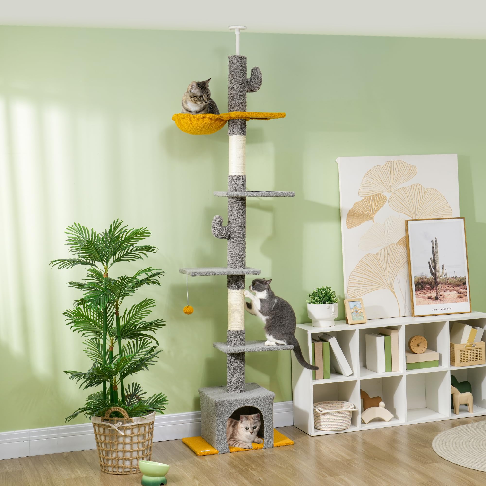 PawHut Albero per gatti da pavimento a soffitto, altezza 275 cm, torre gioco per gatti, 6 livelli, con piattaforme, cuccia, amaca, palla, tiragraffi, per arrampicarsi, graffiare e giocare, grigio | Torre gioco per gatti, piattaforme, nicchia, palla, tirag