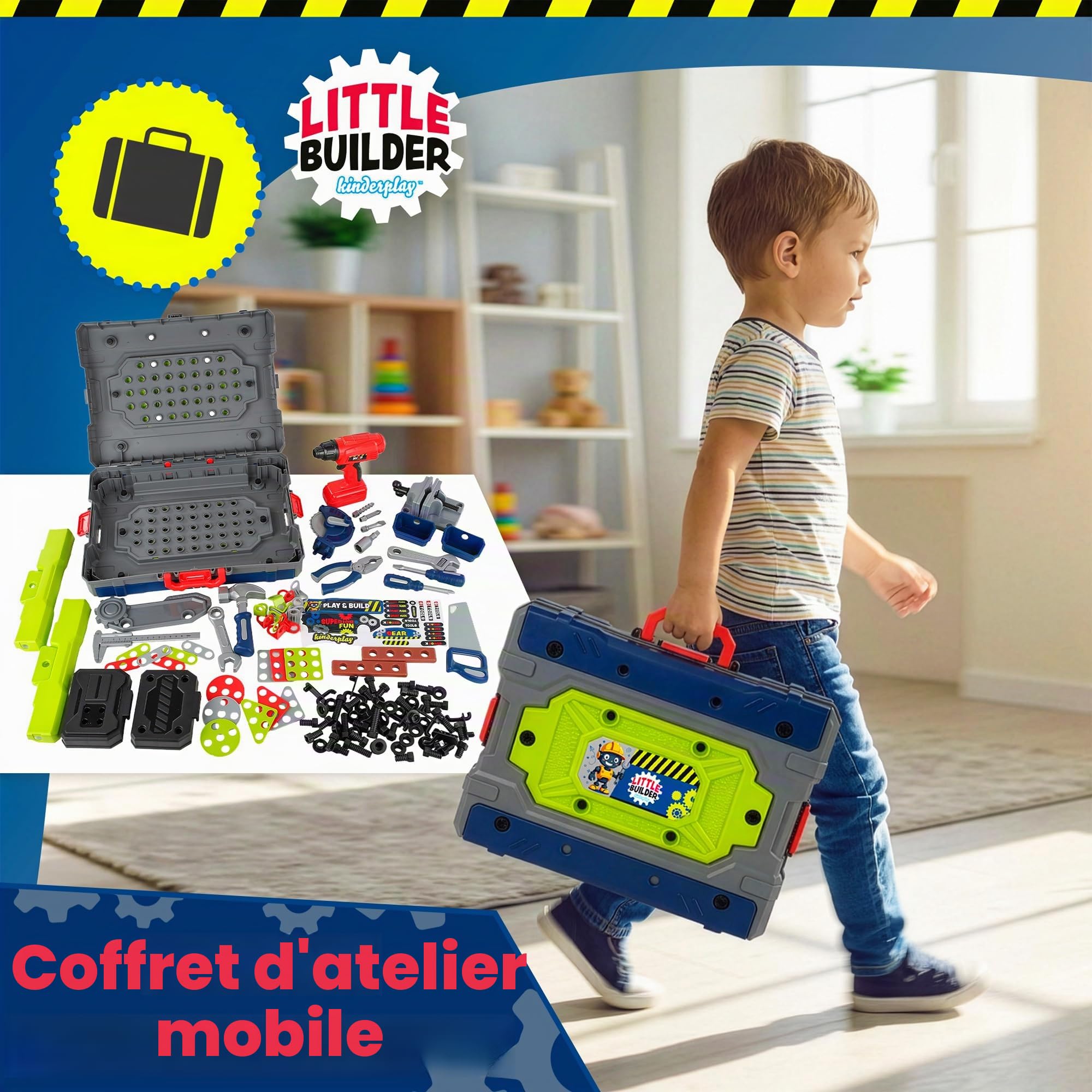 Kinderplay Établi pour Enfants 132 pièces avec kit d'outils et perceuse, Atelier pour Enfants à partir de 3 Ans, Mallette 2 en 1, Banc à Outils, Jouet pour garçons et Filles