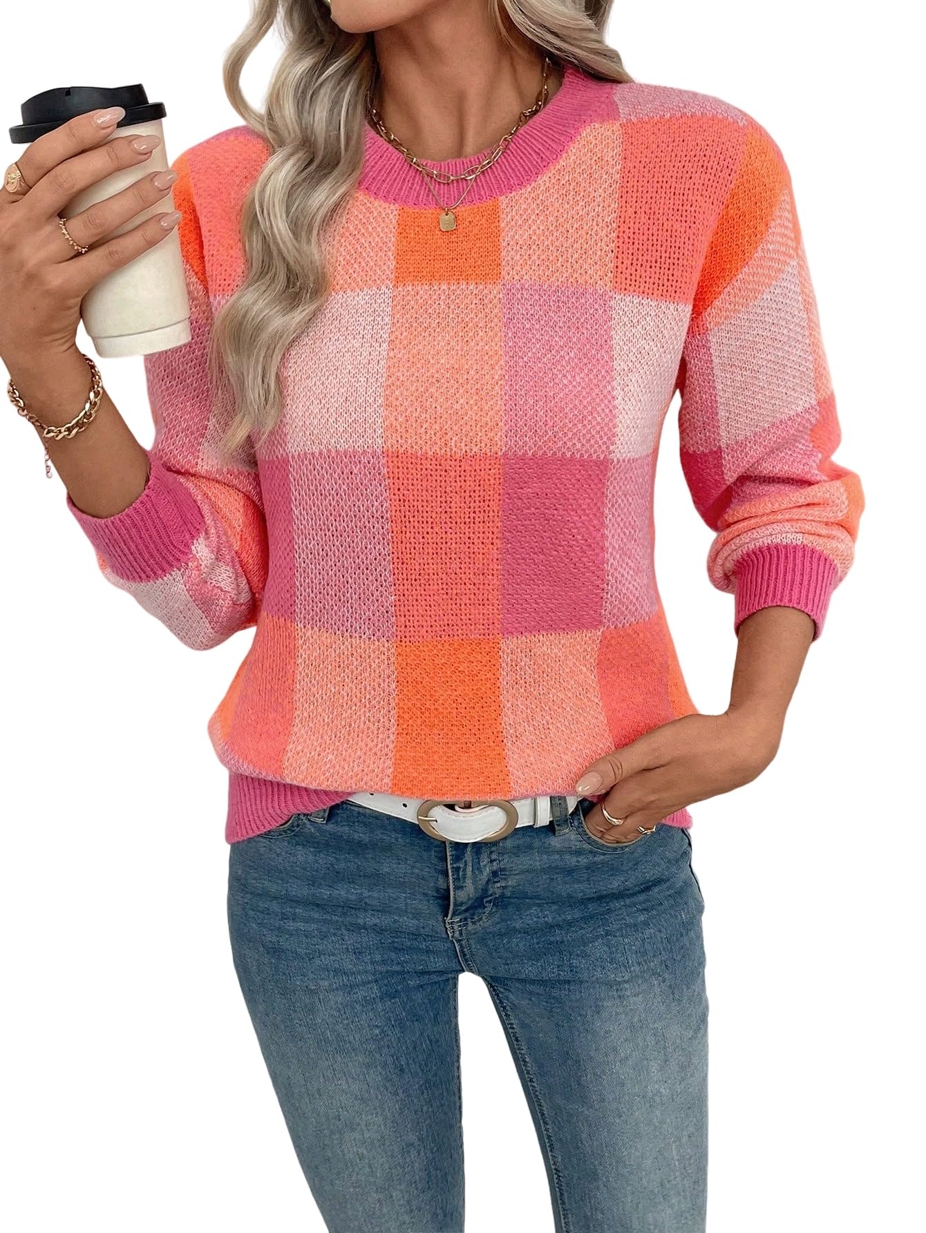 Urchics Womens Sweater Casual Colorblock Plaid Oversized Sweater Autumn Winter