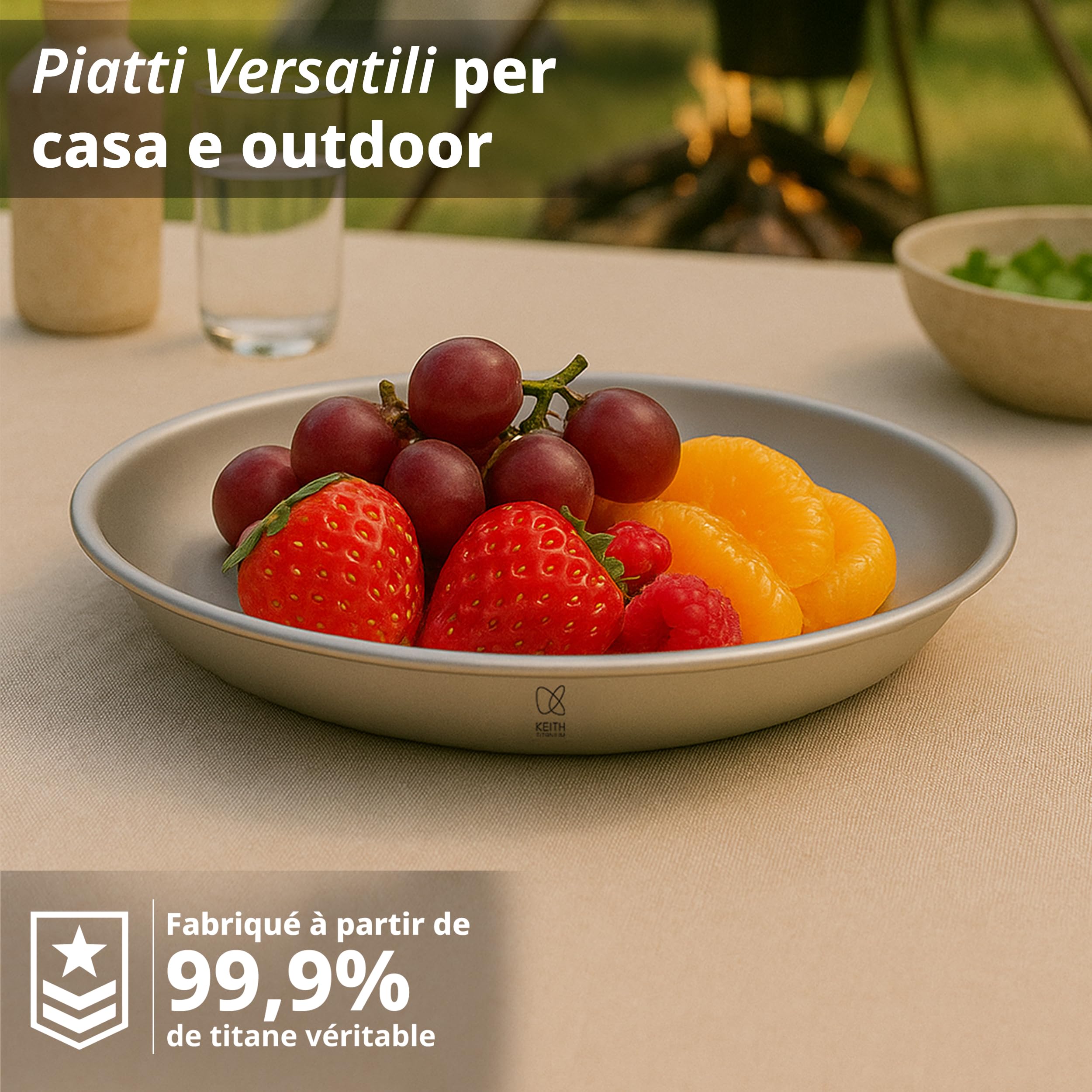 Keith Piatti Titanium - Piatti da campeggio leggeri con bordi arrotolati, design impilabile, resistenti alla corrosione, ideali per cene all'aperto, campeggio, snack e pasti (450 ml)