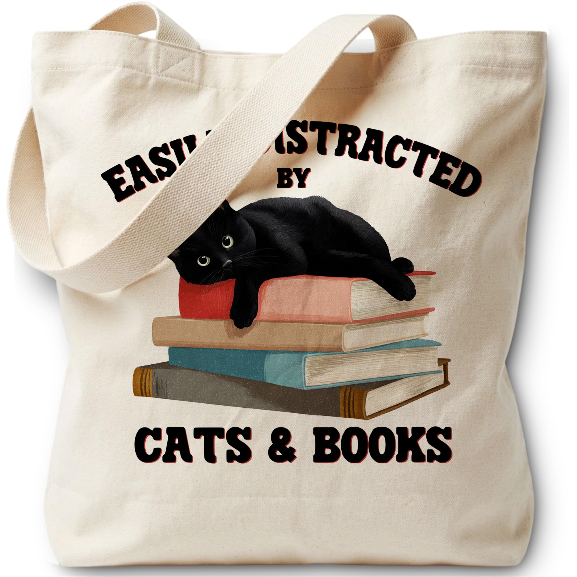 Black Cat and Books Tote Bag Canvas Bag for Women Grocery Shopping Travel Gym Weekender Vacation Womens Work