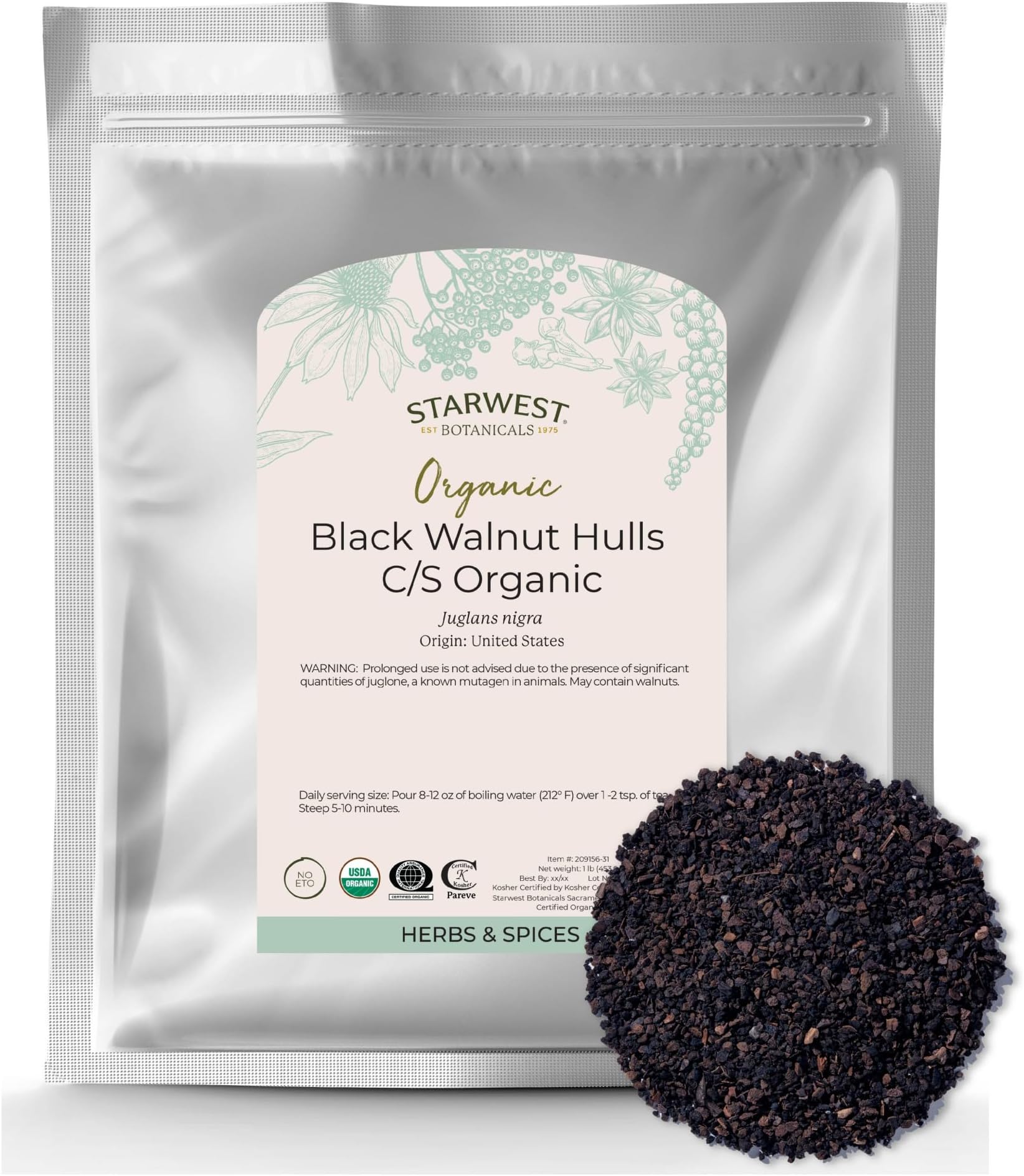 Starwest Botanicals Organic Black Walnut Hull - Cut & Sifted, Use for Tea & Baking, Certified Kosher, Non-GMO - Bulk 1 lb Bag