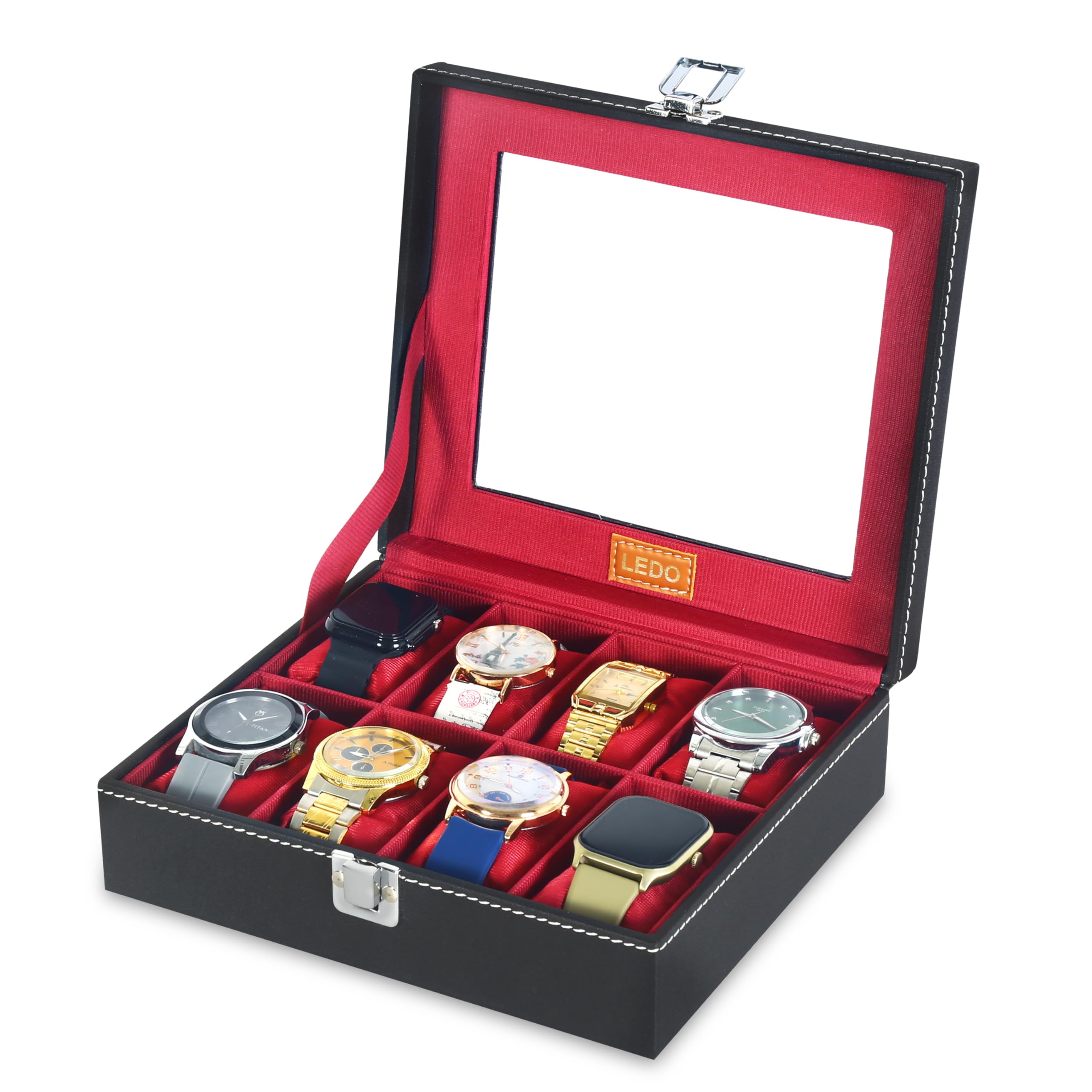 LEDO Scatola per orologi da uomo e donna, con 8 scomparti per orologi in pelle PU con nero e rosso ciliegia