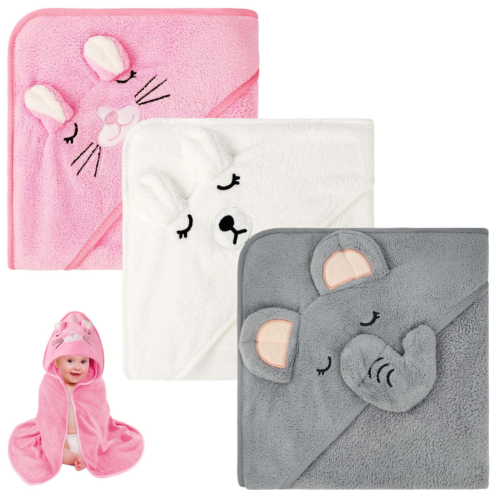 Aolso 3 Pz Asciugamano con cappuccio, 80 x 80 cm Asciugamani da Bagno per Bambini con Cappuccio, Morbidi e Assorbenti, per Neonati e Bambini 0-3 Anni -Bianco/Grigio/Rosa