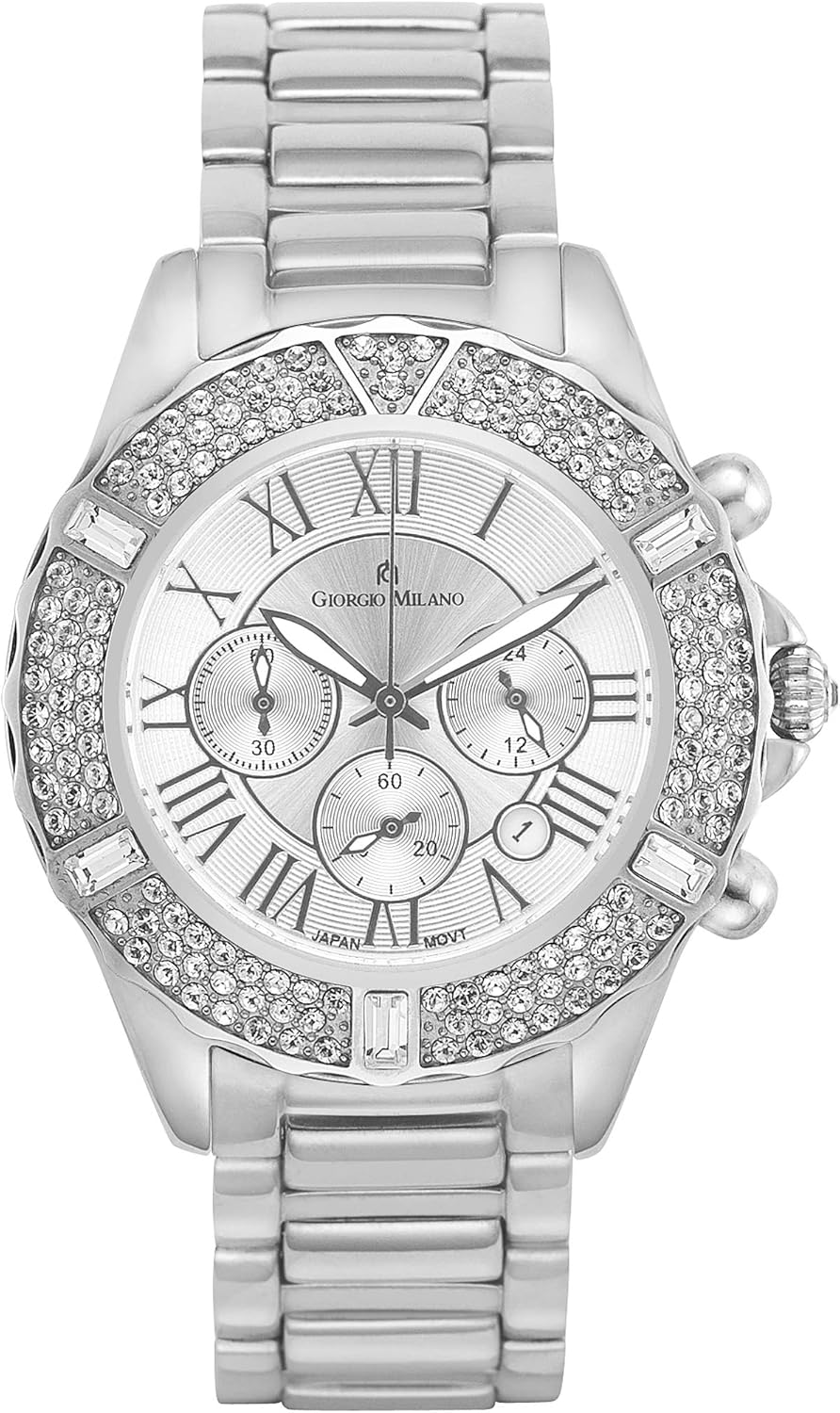 Giorgio Milano Orologio da donna di lusso Paulina, cassa rotonda, quadrante con numeri romani, 3 occhi e data, cinturino in acciaio inox con cristalli Swarovski sulla cassa Giorgio Milano Orologio da donna di lusso Paulina, cassa rotonda, quadrante con numeri romani, 3 occhi e data, cinturino in acciaio inox con cristalli Swarovski sulla cassa