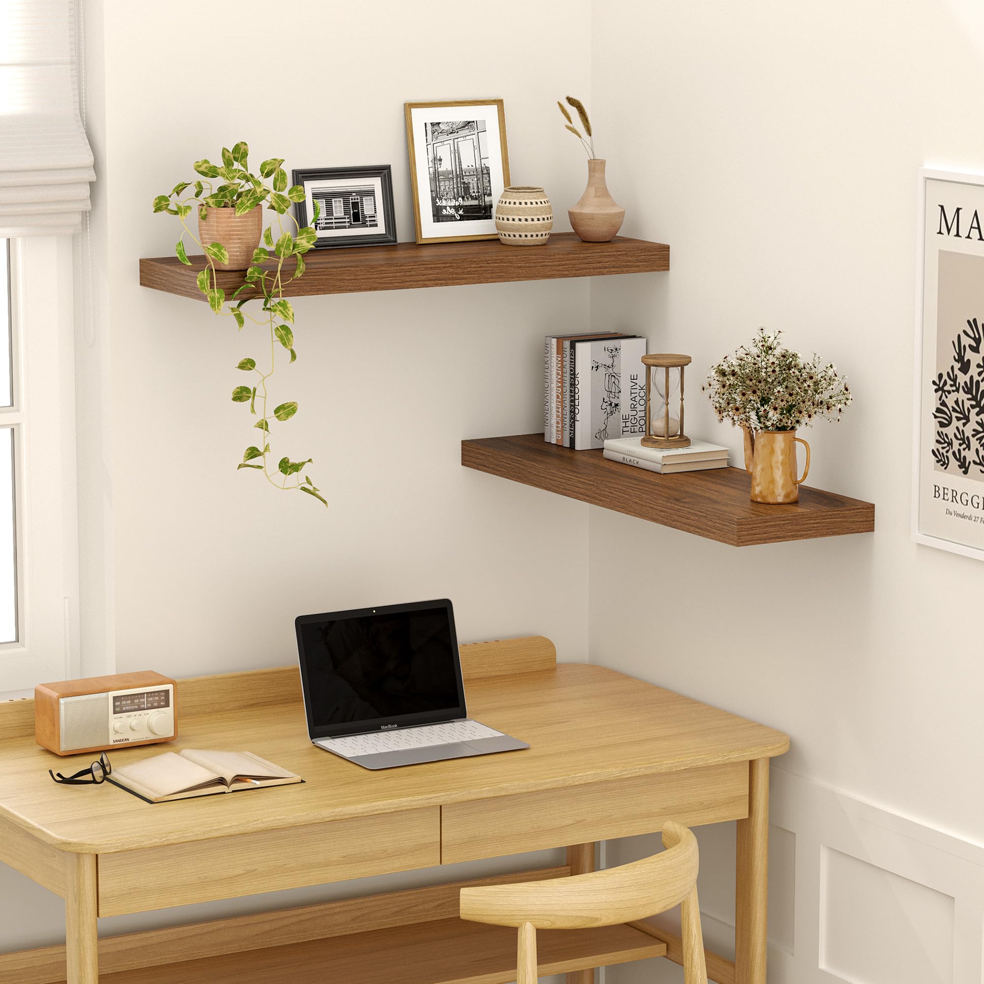 Feihorrm Estantes flotantes para pared de 60 x 29,5 cm de ancho, estantes flotantes de madera de nogal para baño, cocina, sala de estar, dormitorio, almacenamiento y organizador, juego de 2