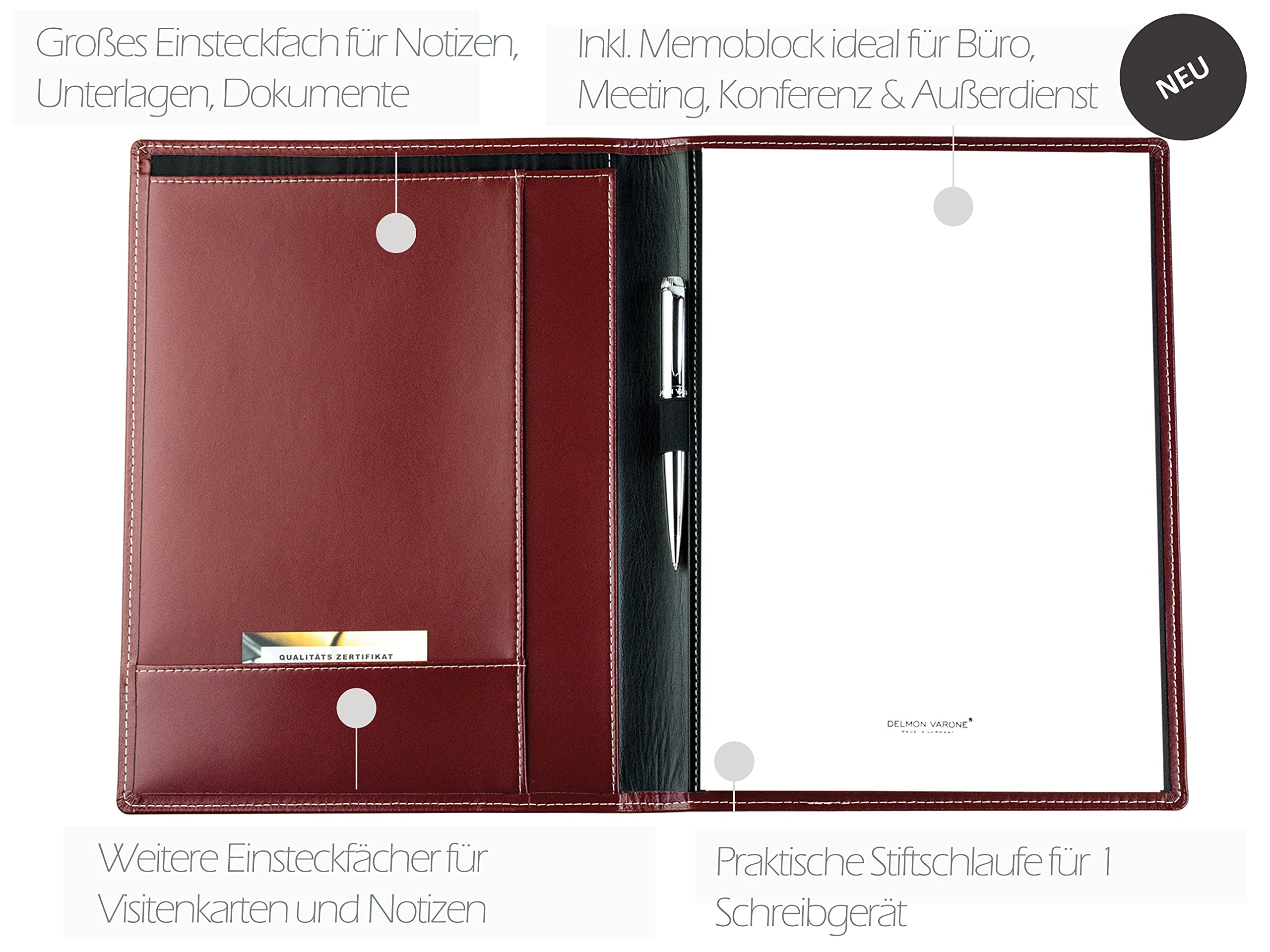 DELMON VARONE - Personalisierbare Schreibmappe DIN A4 aus Cambridge Top Grain Leder rot, Organizer Konferenzmappe mit Notizblock, Stiftschlaufe & Einsteckfächer, Echtleder Business Organisationsmappe