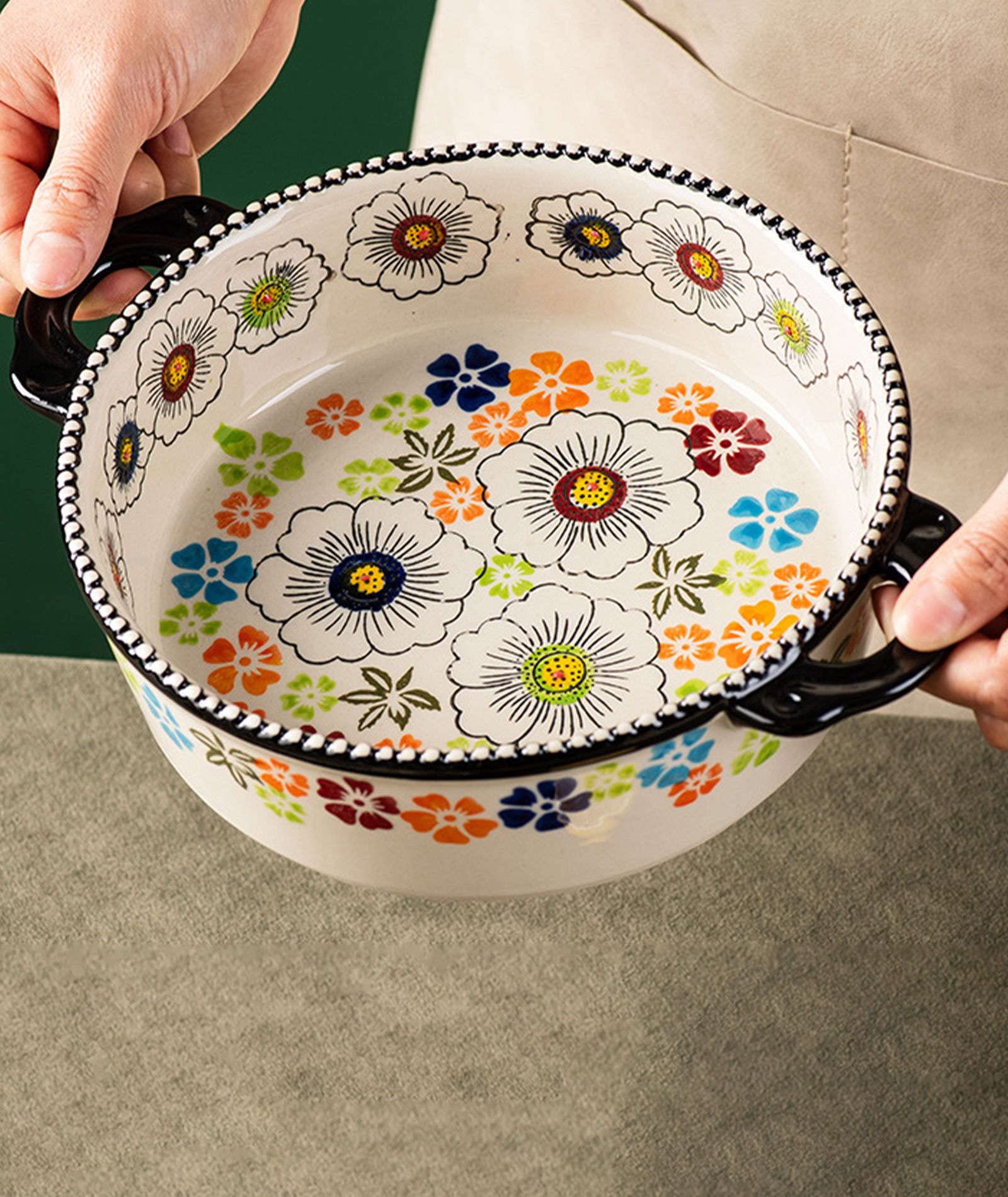 Ceramiczne naczynie do pieczenia do piekarnika, małe naczynie do zapiekania z uchwytami, piekarnik ceramiczny do pieczenia kolorowe kwiaty B-okrągłe 950 ml