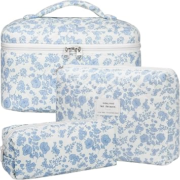BuyCard Quilted Makeup Bag Set, 3Pcs Large Checkered Corduroy Cosmetic Bags, Cute Coquette Makeup Bag Toiletry Zipper Pouch Bag for Women and Girls Checkered, Blue Floral, Cute