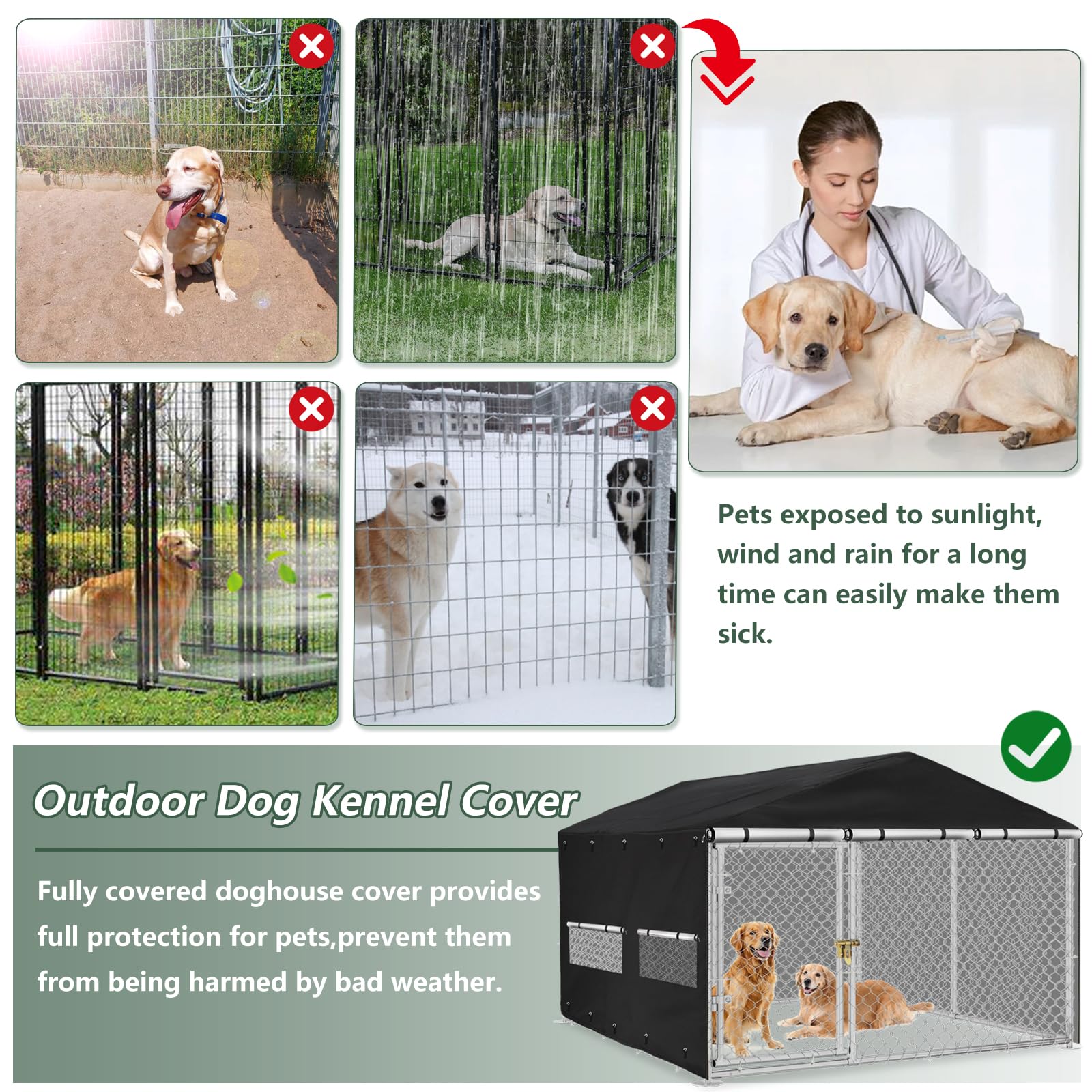 Hundehüttenabdeckung für den Außenbereich, 3 m T x 3 m B x 1,8 m H, vollständige Abdeckung, winddicht, UV-Schutz, mit transparentem PVC-Fenster und atmungsaktivem Netz. Wasserdichte