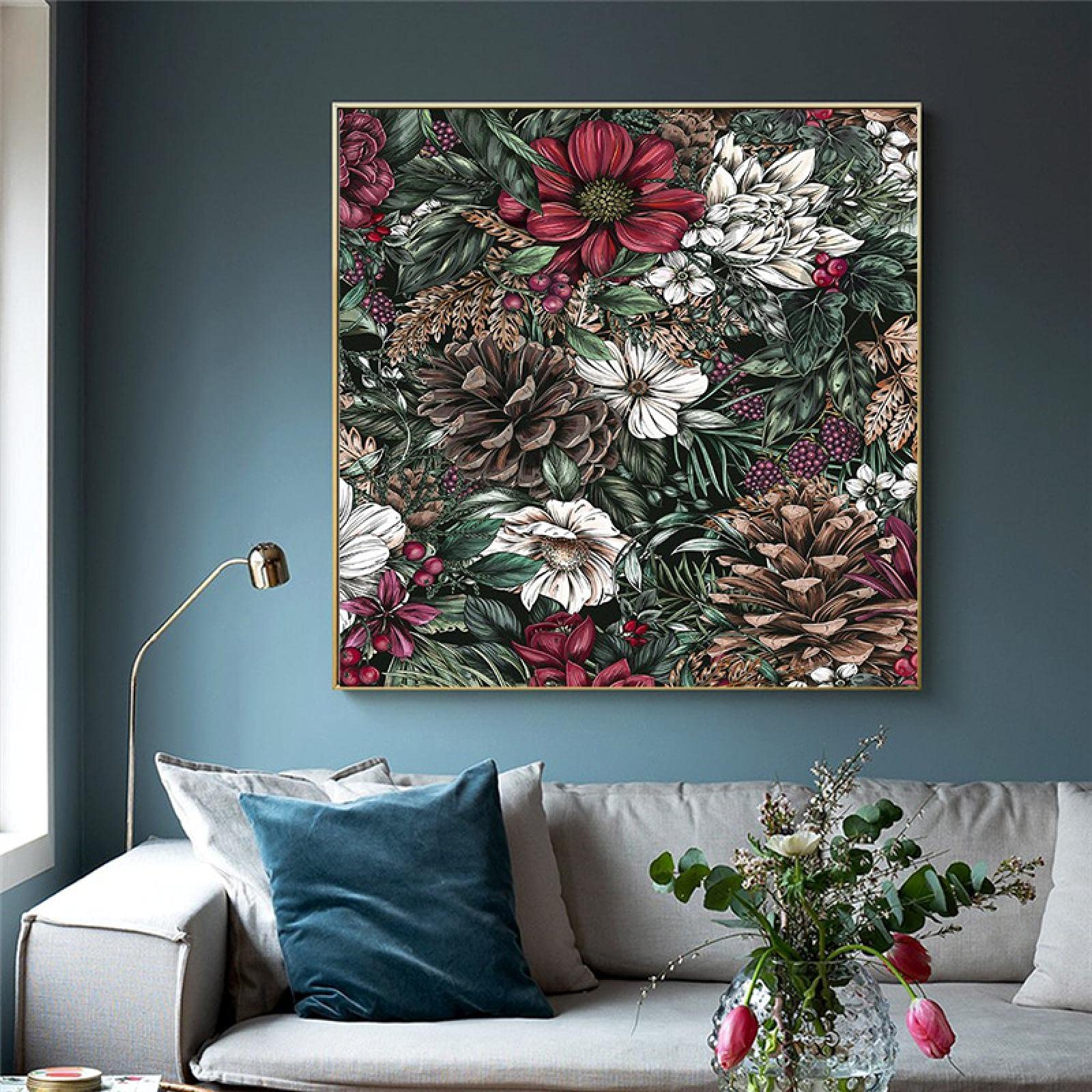 Pinturas en lienzo Cuadro de arte de pared Vintage europeo Flor Hojas Carteles Plantas verdes Giclee Obra de arte Pasillo Decoración del hogar 70x70cmx1pcs Marco interno