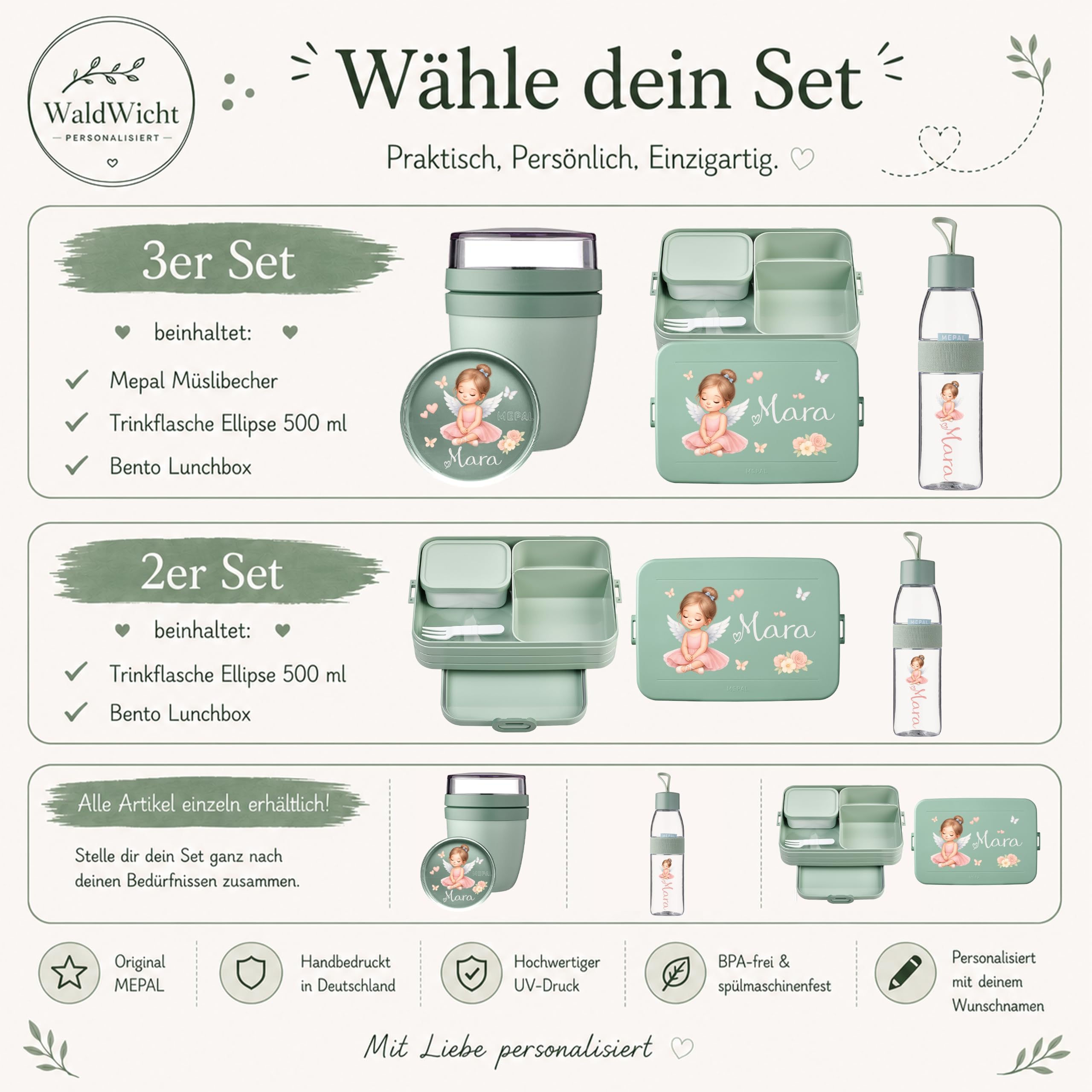 Mepal Personalisierte Brotdose Trinkflasche | Ballerina Tänzerin Mädchen | Geschenk Einschulung Mädchen Junge Kitastart Schule Schulanfang Lunchbox Flasche Bento Box Vesperdose Kindergarten Schulkind