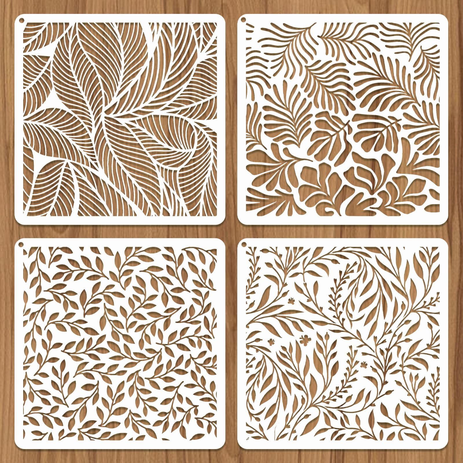 JSRQT 4Pcs Large Leaf Painting Stencils, Leaf Decoration Texture Layering Template for DIY Art Craft, Plastic Reusable Furniture Floor Stencils Set for Canvas, Wood, Glass, 11.81 in