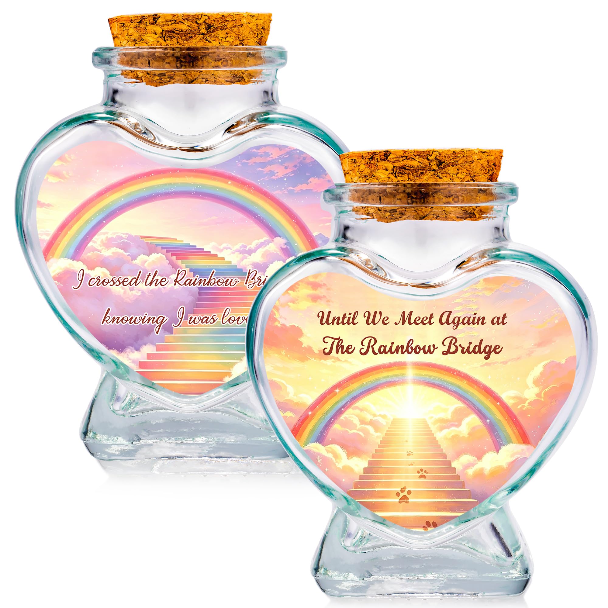 Gredstar 2 Pcs Memorial Urn Bottles - Heart Shaped Glass Keepsake Jars with Cork, for Pet Fur, Ashes & Hair, Sympathy Gift for Loss of Dog or Cat (Clear, Medium, Rainbow Bridge)