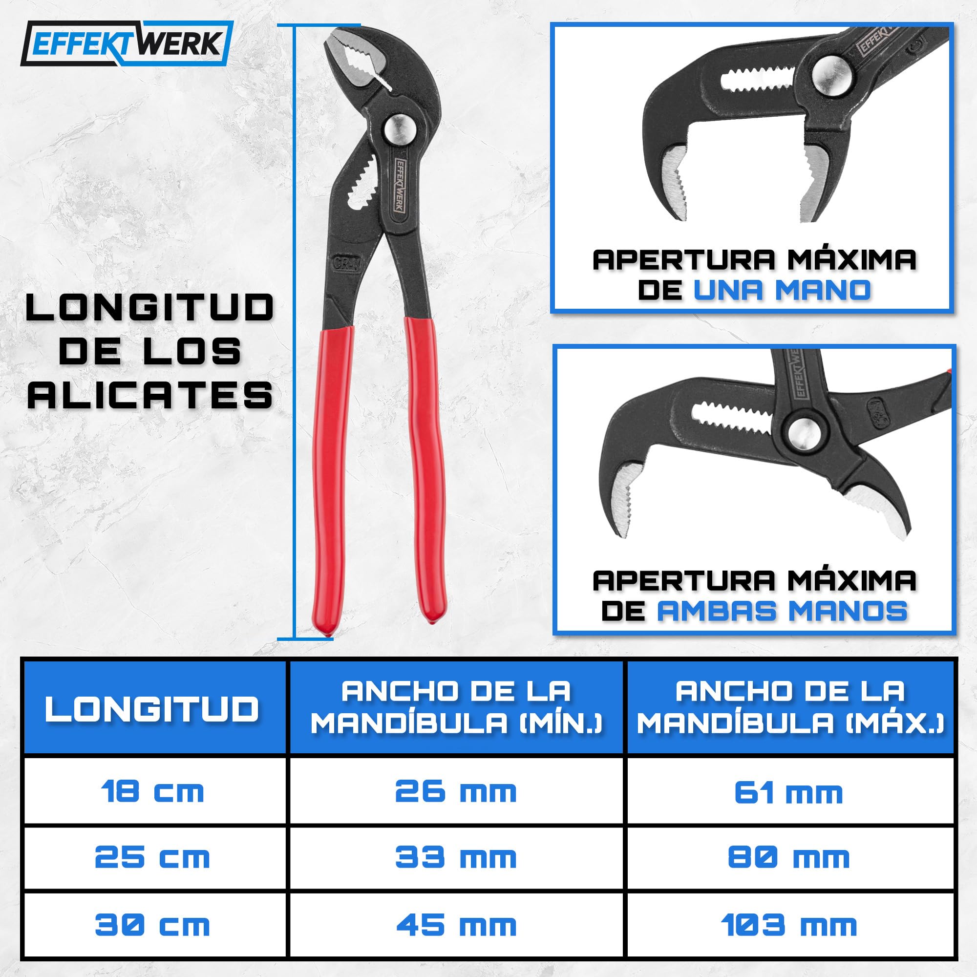 Juego de alicates para bomba de agua de 3 piezas - 18 cm, 25 cm, 30 cm - Llave de fontanero antideslizante, alicates de lengüeta y ranura con mordazas ajustables