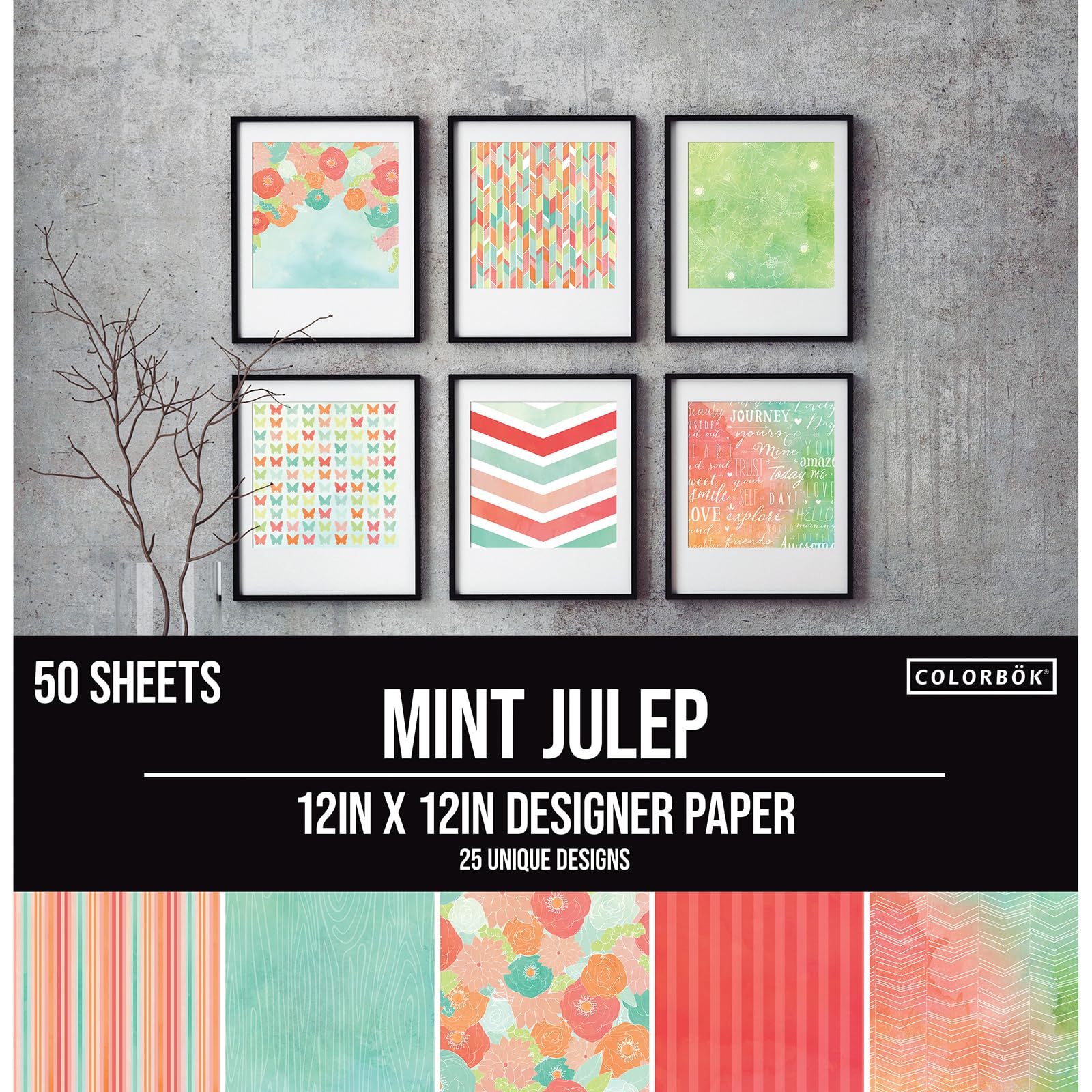 Colorbok Patterned Cardstock Paper 12x12, 50 Sheets of Square Scrapbook Paper for Crafts and Card Making, Single Sided, Bulk Pack with 25 Unique Designs, Mint Julep