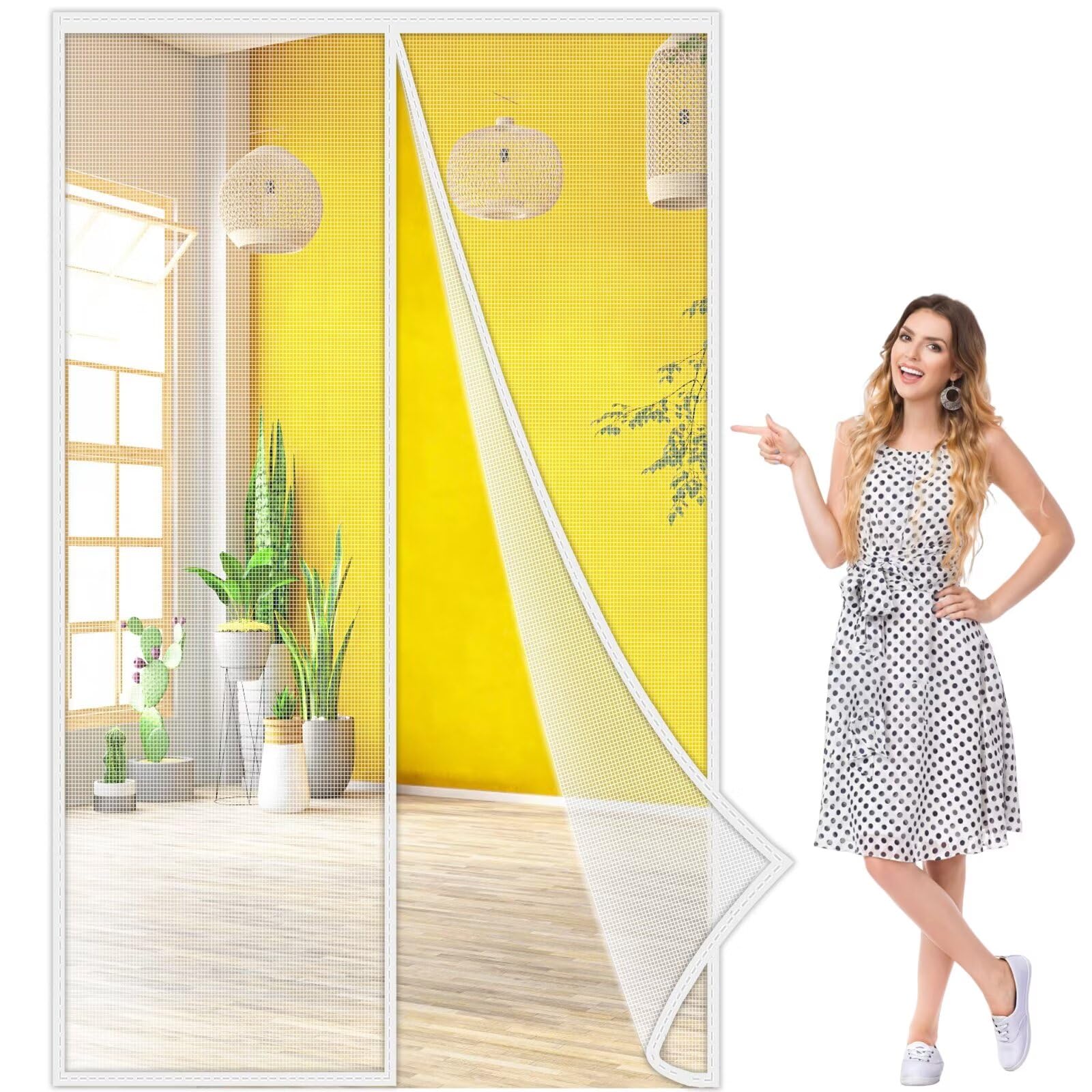 Mosquitera Puertas 340x245 cm, Exterior Se Cierra Automáticamente, Cortina Antimosquitos con iman sin Taladrar Para Puertas de Patio y Balconeras Blanco, Reforzada