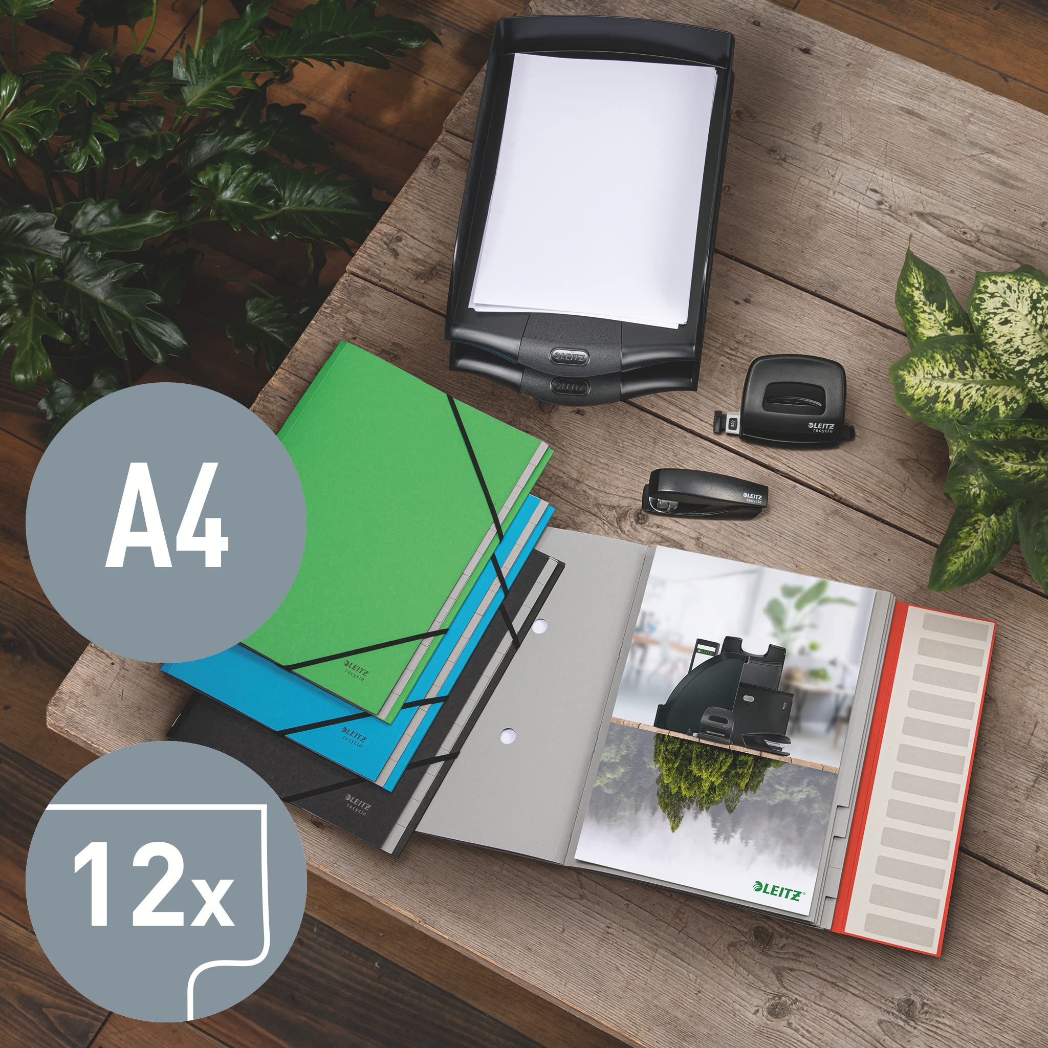 Leitz Recycle Carpeta Archivadora con 12 Separadores para Folios A4, con Gomas Elásticas Hecha de Cartón 100 % Reciclado, Azul – 39150035