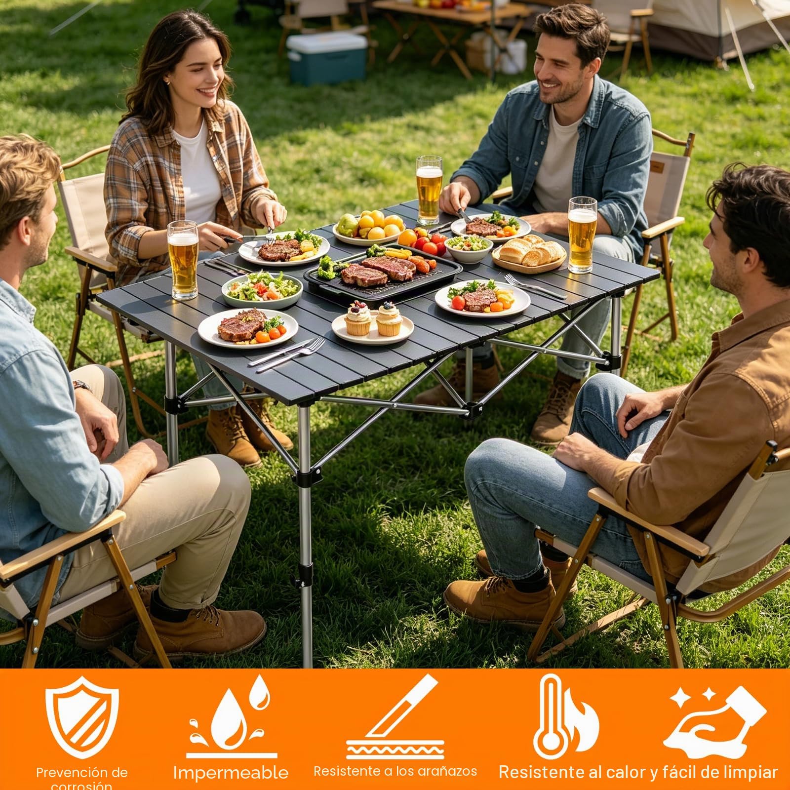 Mesa de Camping Plegable 95x55X (50-80) cm, Mesa Plegable 100KG Cargable Tablero Enrollable, Mesa Plegable Playa con Bolsa de Transporte para Acampar, Picnic, Barbacoa, Patio, Fiesta