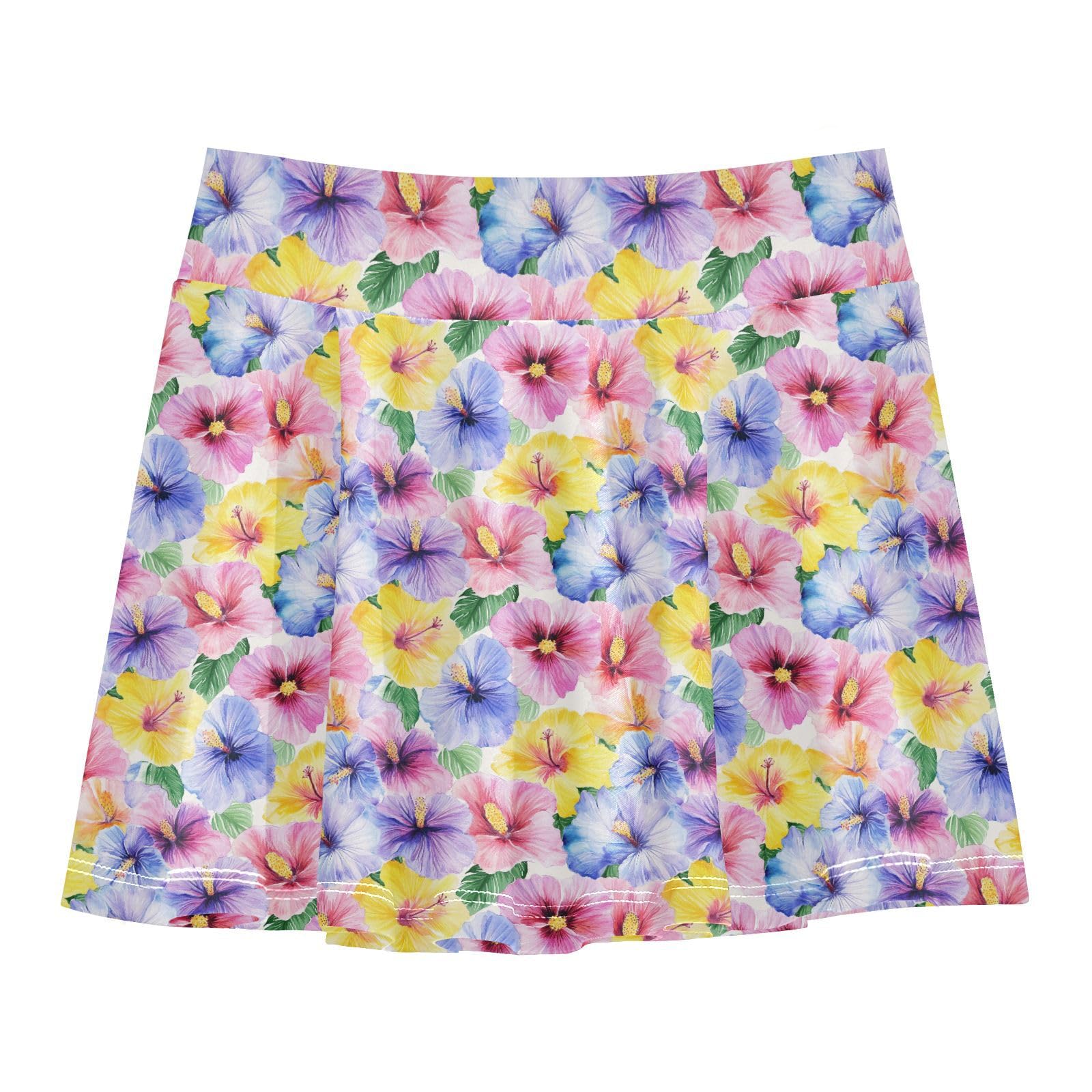 Colorful Seamless Flower Tennis Skirt for Girls with Built in Shorts Flowy Little Girl Skort Scort Skirt for Kids with Pockets 4-12Y