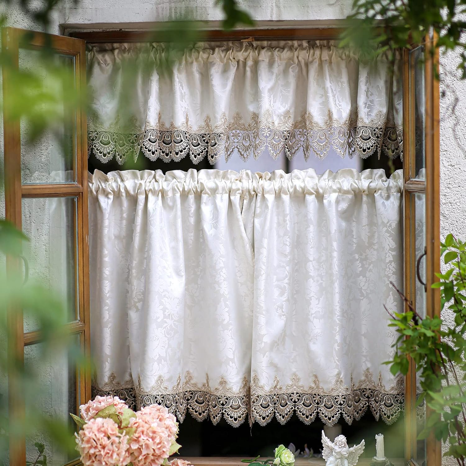 SUTAVIA Curtains Tiers and Valance Set 3 Pieces Spring Vintage Printed Windows Treatment Rod Pocket Farmhouse Cafe Curtains Set for Kitchen Bedroom Living Room (Beige, 54"x18"+27"x24"x2)