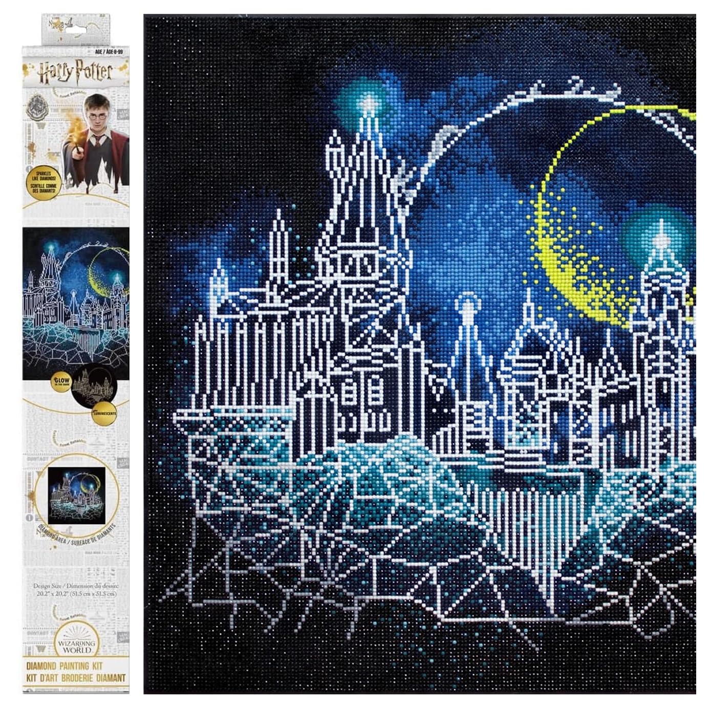 DIAMOND DOTZ Diamond Painting de Harry Potter. Cuadro de Diamantes 5D de Luna sobre Hogwarts. Kit Completo de Pintura con Diamantes de 51,4 x 51,4 cm