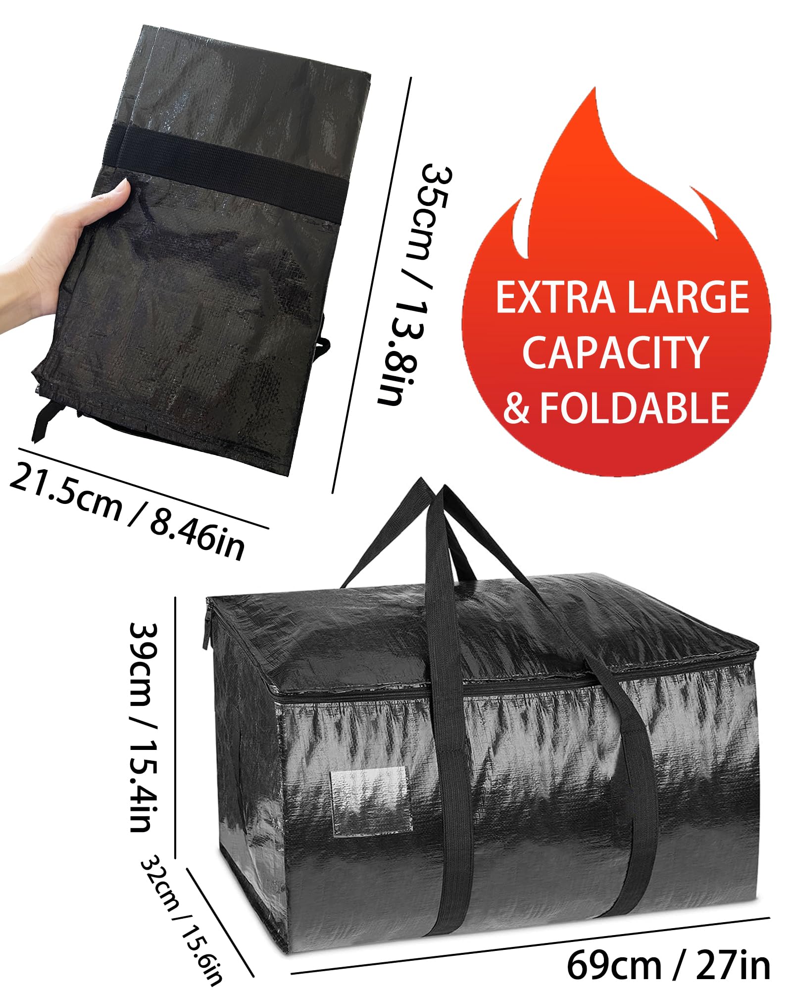 1 Pcs Extra Large Moving Bags YQBOOM Foldable Heavy Duty Storage Bag Strong Handles and Zippers Organizer Bag Storage Tote for Space Saving, House-Moving, Traveling – Black