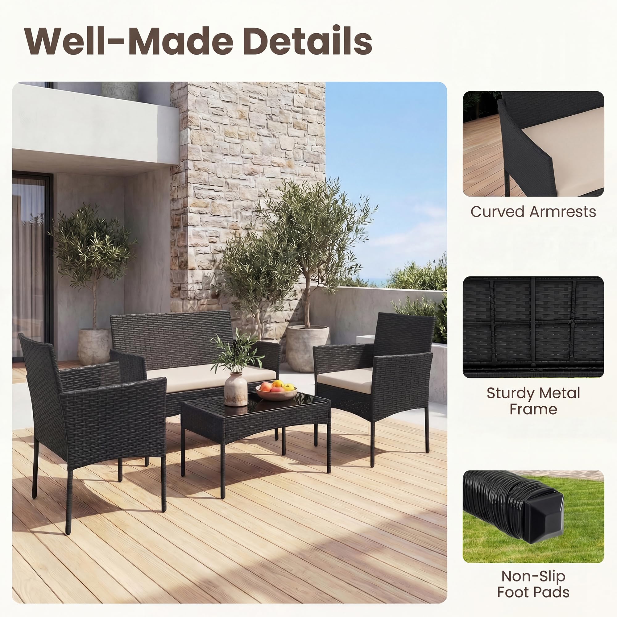 GIANTEX Juego de Muebles de Jardín de 4 Piezas, Conjunto de Conversación de Ratán PE Exterior con 2 Sillones, Sofá de 2 Plazas, Mesa de Vidrio Templado y Cojines, para Terraza Patio Piscina (Beige)
