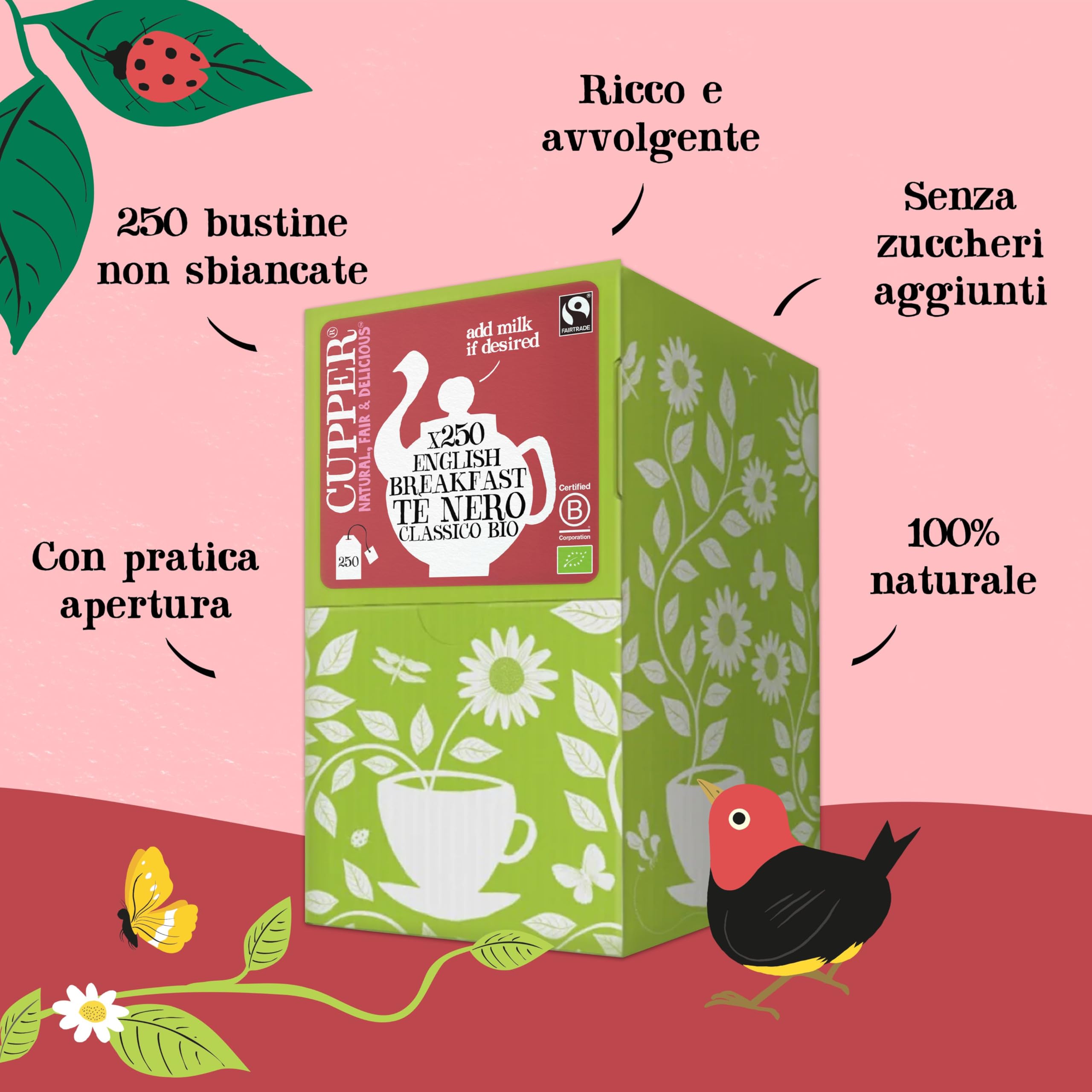 CUPPER Tè Classico English Breakfast Bio, Biologico e Fairtrade, Formato Convenienza per Casa, Ufficio e Catering, con Filtri 100% Biodegradabili e Non Sbiancati, Confezione Maxi da 250 Bustine | Tè nero potente, privo di plastica e non sbiancato, perfett
