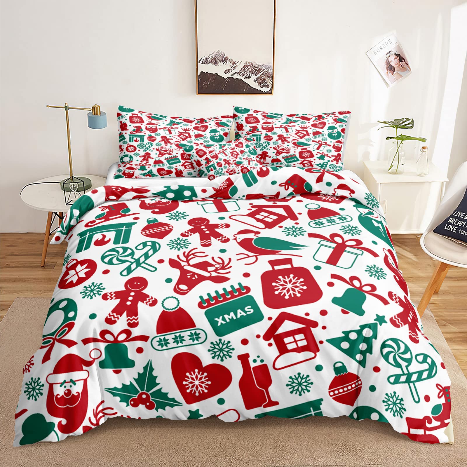 Christmas Bedding Cartoon Christmas Duvet Cover Set Snowflake Santa Claus Gingerbread Man Pattern White Boys Girls Bedding Comforter Cover Full 1 Duvet Cover 2 Pillowcases (Full, Christmas)