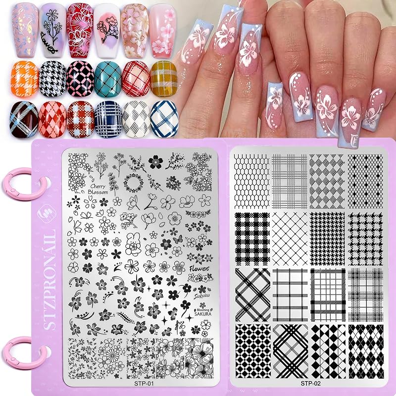 Stainless Steel Nail Art Stamping Plates Set with 2Pcs Metal Storage Rings Floral Plaid Geometric Cherry Blossom Nail Stamp Template with Cardboard Backing Reusable DIY Manicure Transfer Supplies Tool
