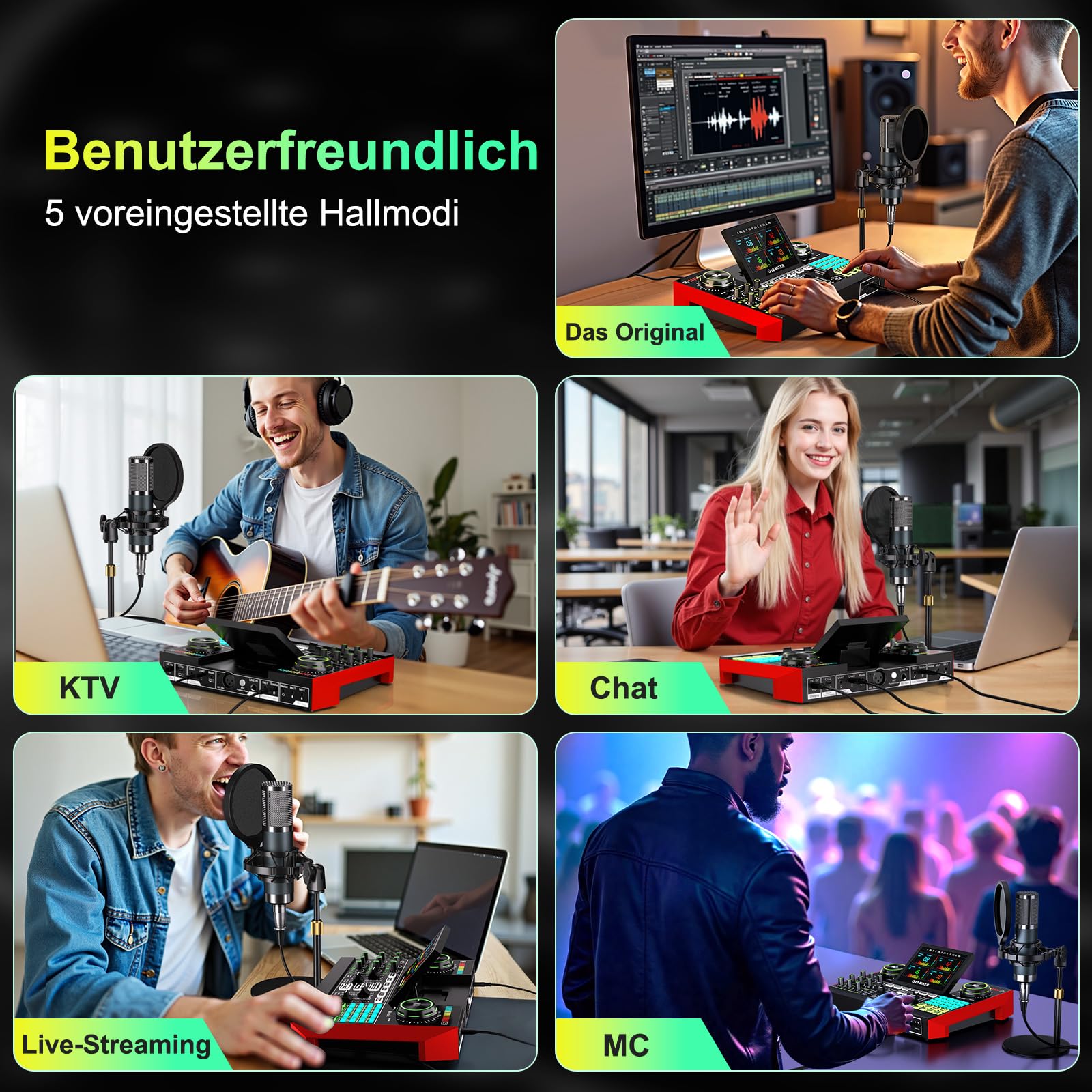 Podcast-Mikrofon-Set mit G10 Audio-Mixer & P15 Kondensatormikrofon | Geeignet für Livestream, Gesang, Gaming & Stimmveränderung an PC/Mobilgerät mit integrierter Geräuschunterdrückung