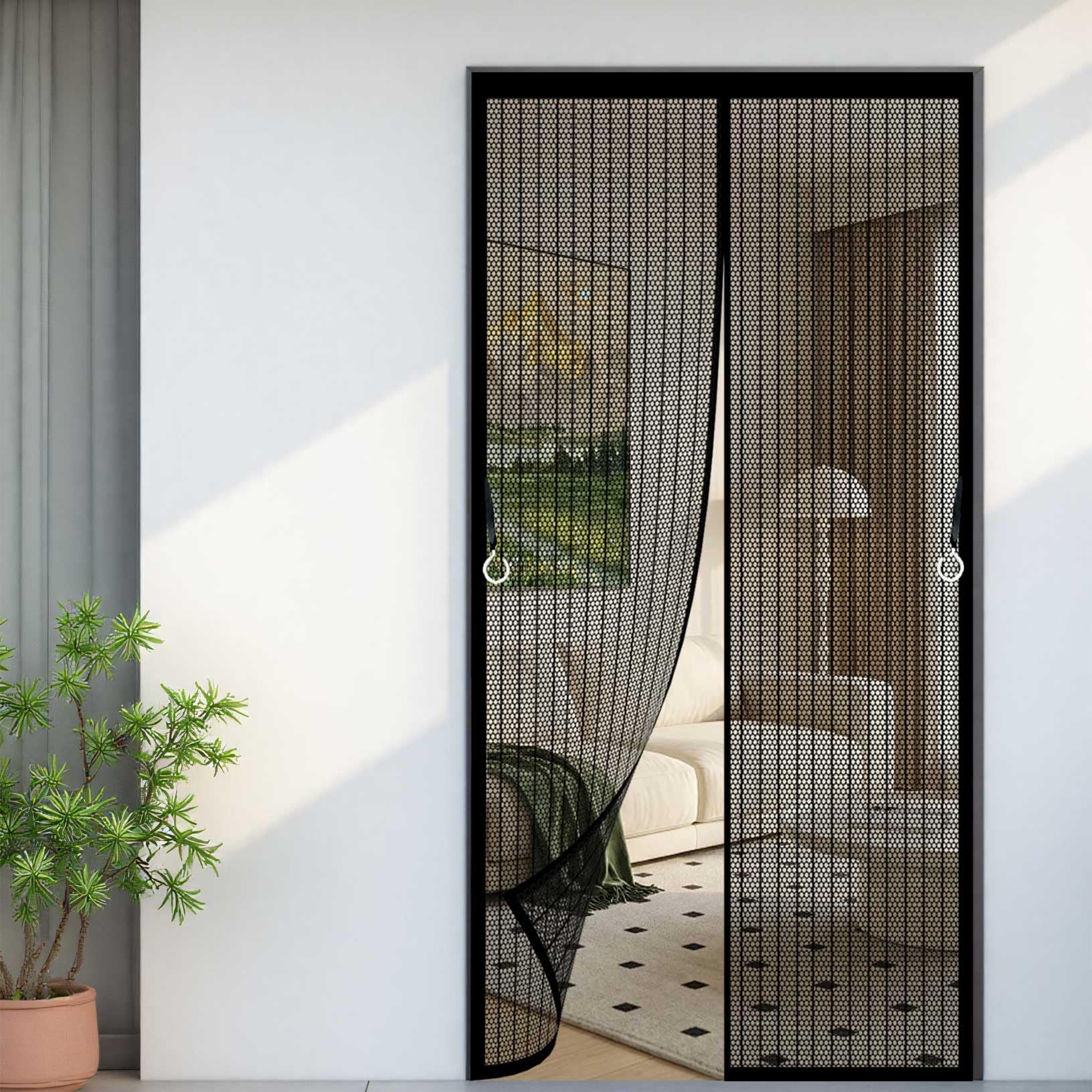 Fly Screens for Doors 122 x 197 cm with Powerful Magnets and Full Frame Magic Tape Anti Mosquito Mesh Fly Curtain Self Sealing No Gap, Pet-Friendly for Home, Office and Store, Black