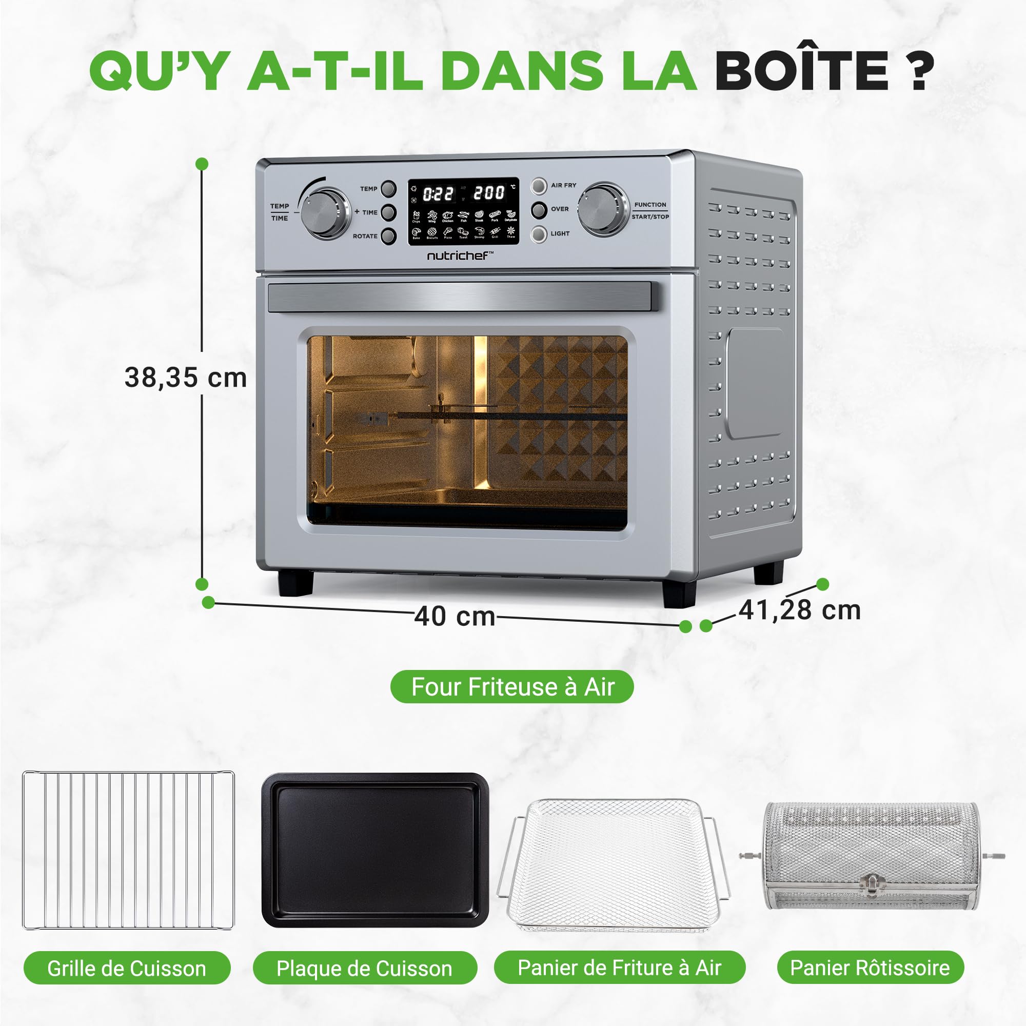 NutriChef Four Friteuse à Air Chaud 26L–Friteuse à Air Électrique 1700W avec Rôtissoire, Mini Four de Comptoir à Convection,10 Programmes, Panier de Friture,Grille de Cuisson & Plateau Ramasse-Miettes