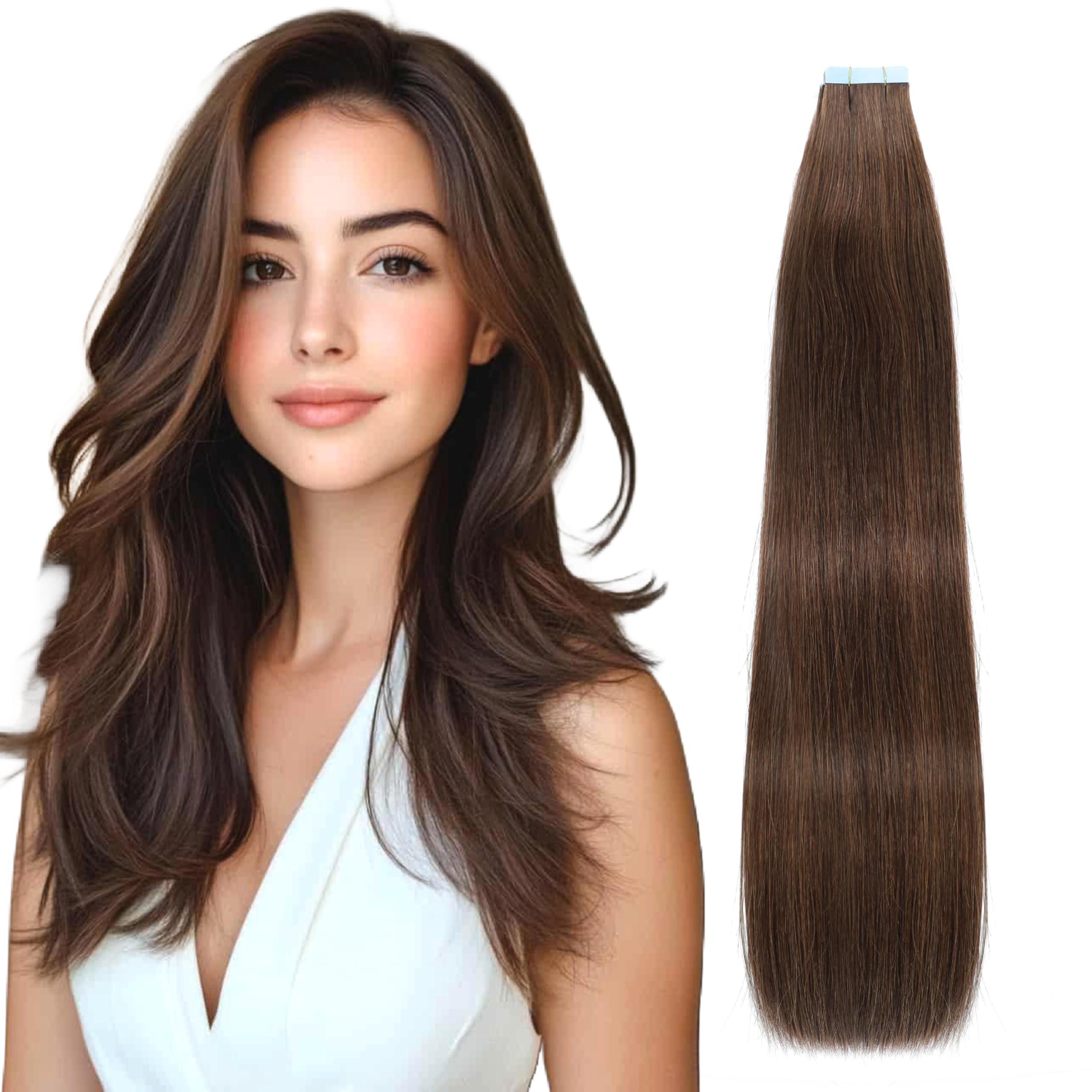 Lveyan Tape in Hair Extensions Human Hair 12 Inch Brown 20pcs 40g/pack Tape in Straight Seamless Skin Weft Remy Tape in Hair Extensions for Women（#4,