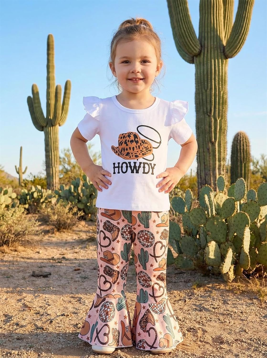 GLIGLITTR Toddler Baby Girl Bell Bottom Outfit Set Western Cowgirls Short Sleeve Tee+Boho Flared Pants 2pcs Summer Clothes
